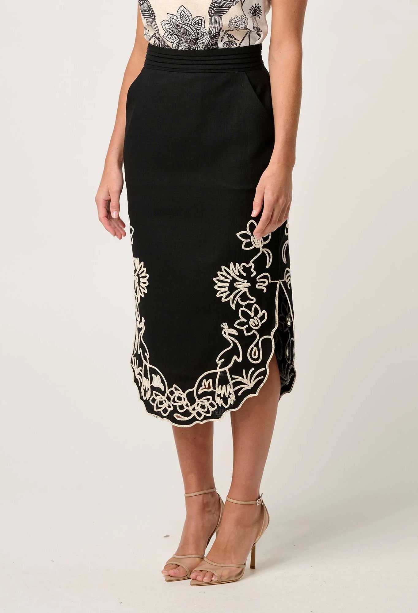 Once Was - Cascadia Embroidered Linen Viscose Midi Skirt - Black