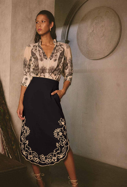 Once Was - Cascadia Embroidered Linen Viscose Midi Skirt - Black