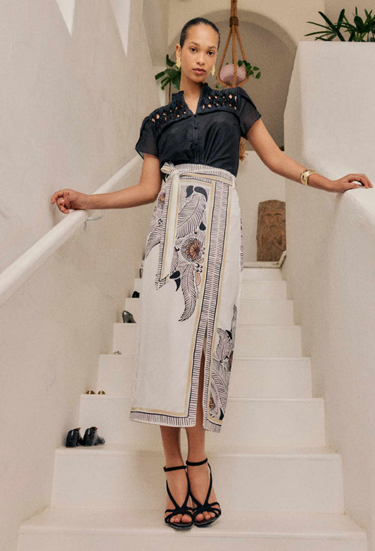 Once Was - Zenobia Contrast Trim Viscose Dobby Midi Skirt - Ivory Casablanca