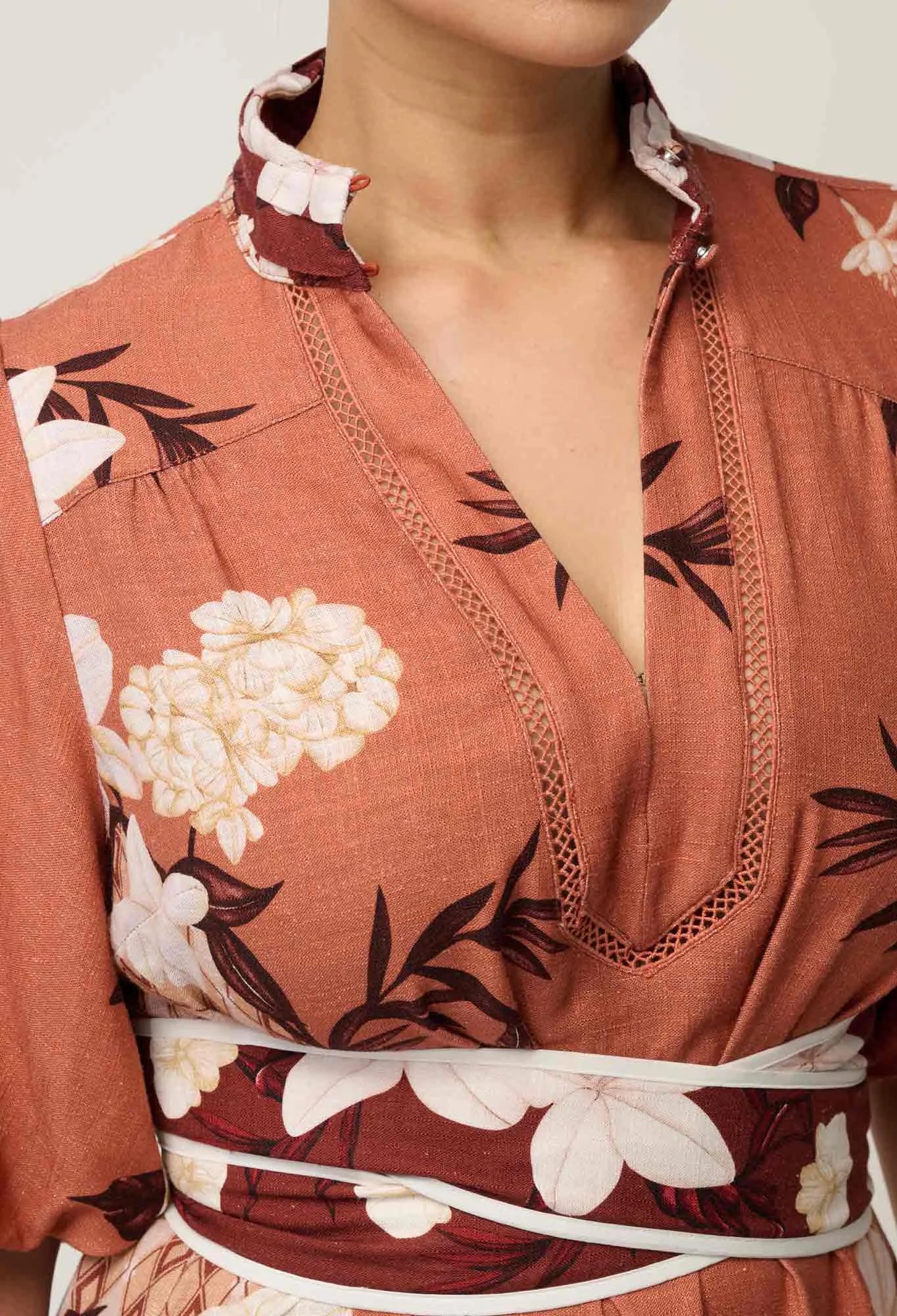 Once Was - Gisela Linen Viscose Printed Column Midi Dress - Amber Vine