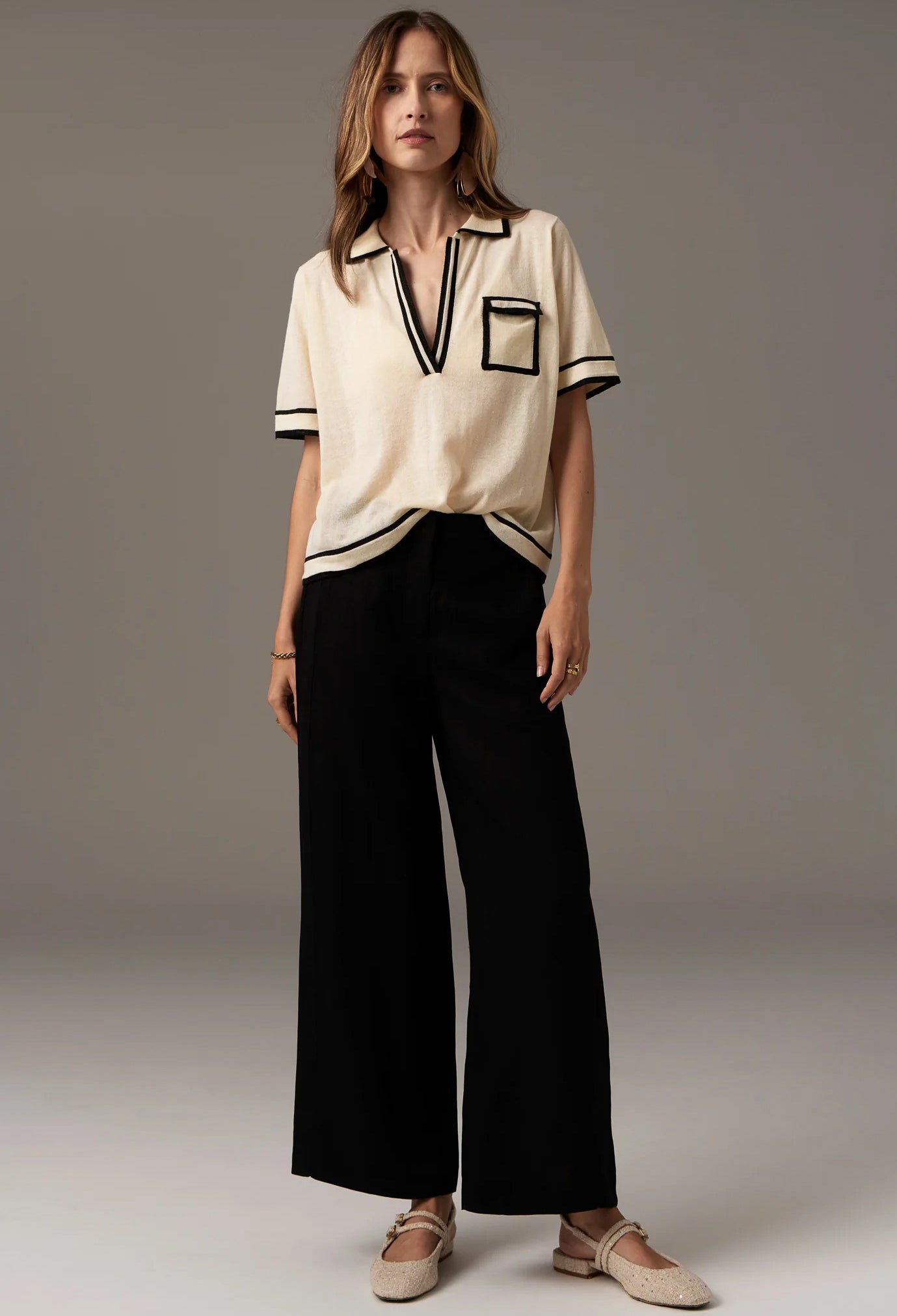 Pol Clothing - Sela Knit Polo - Ivory Black