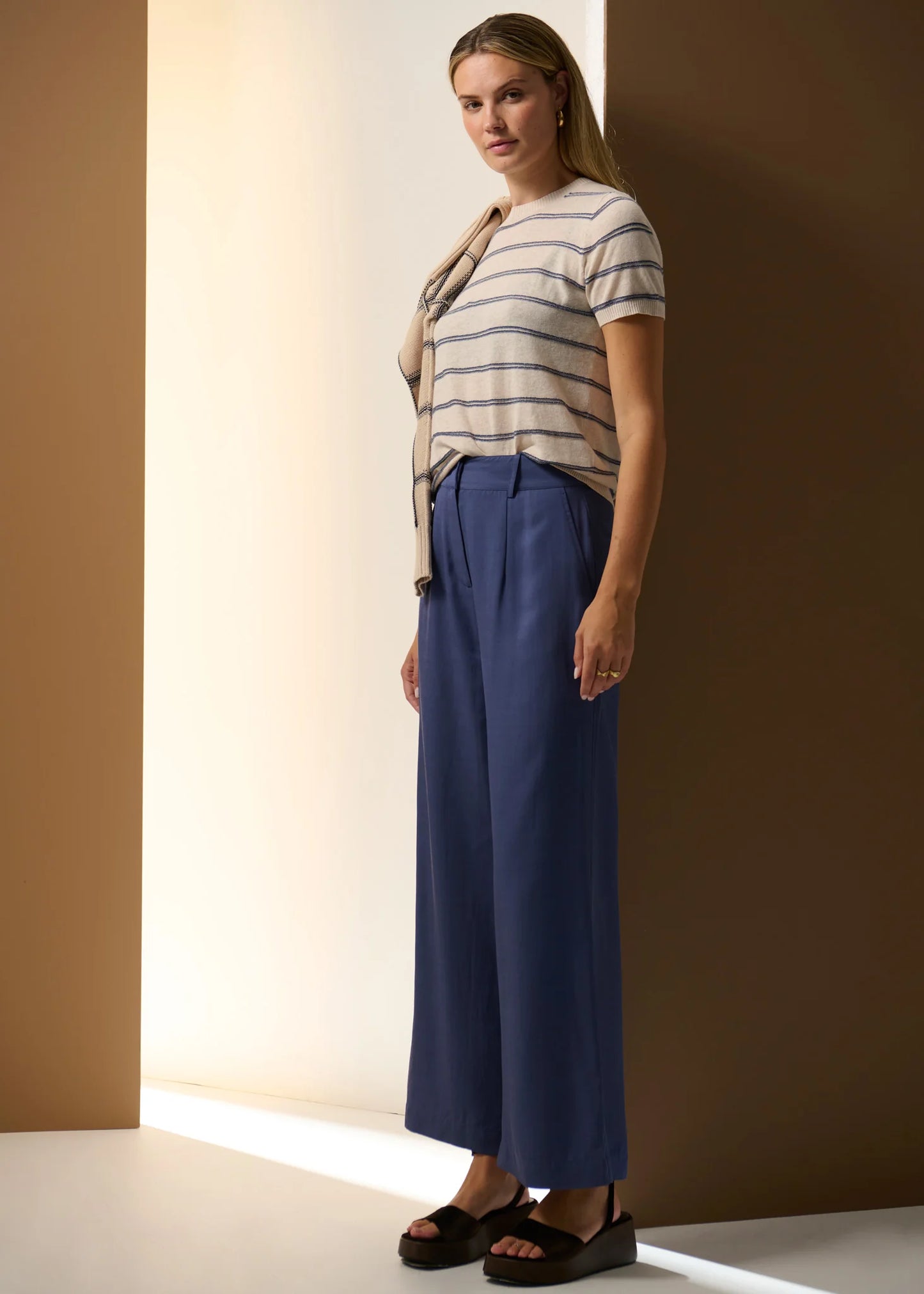 Pol Clothing - Sable Stripe Knit Tee - Pebble Blue