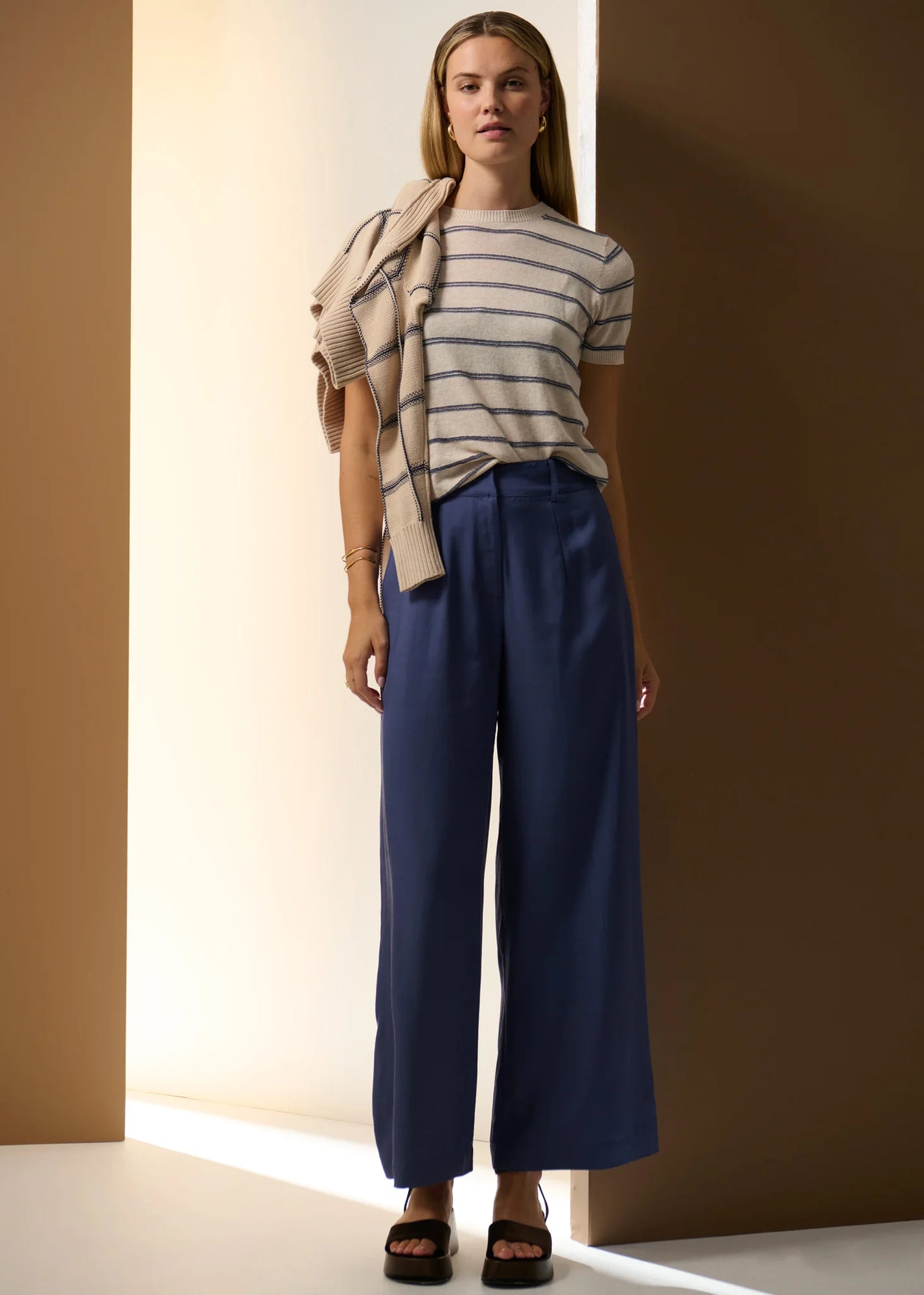 Pol Clothing - Sable Stripe Knit Tee - Pebble Blue