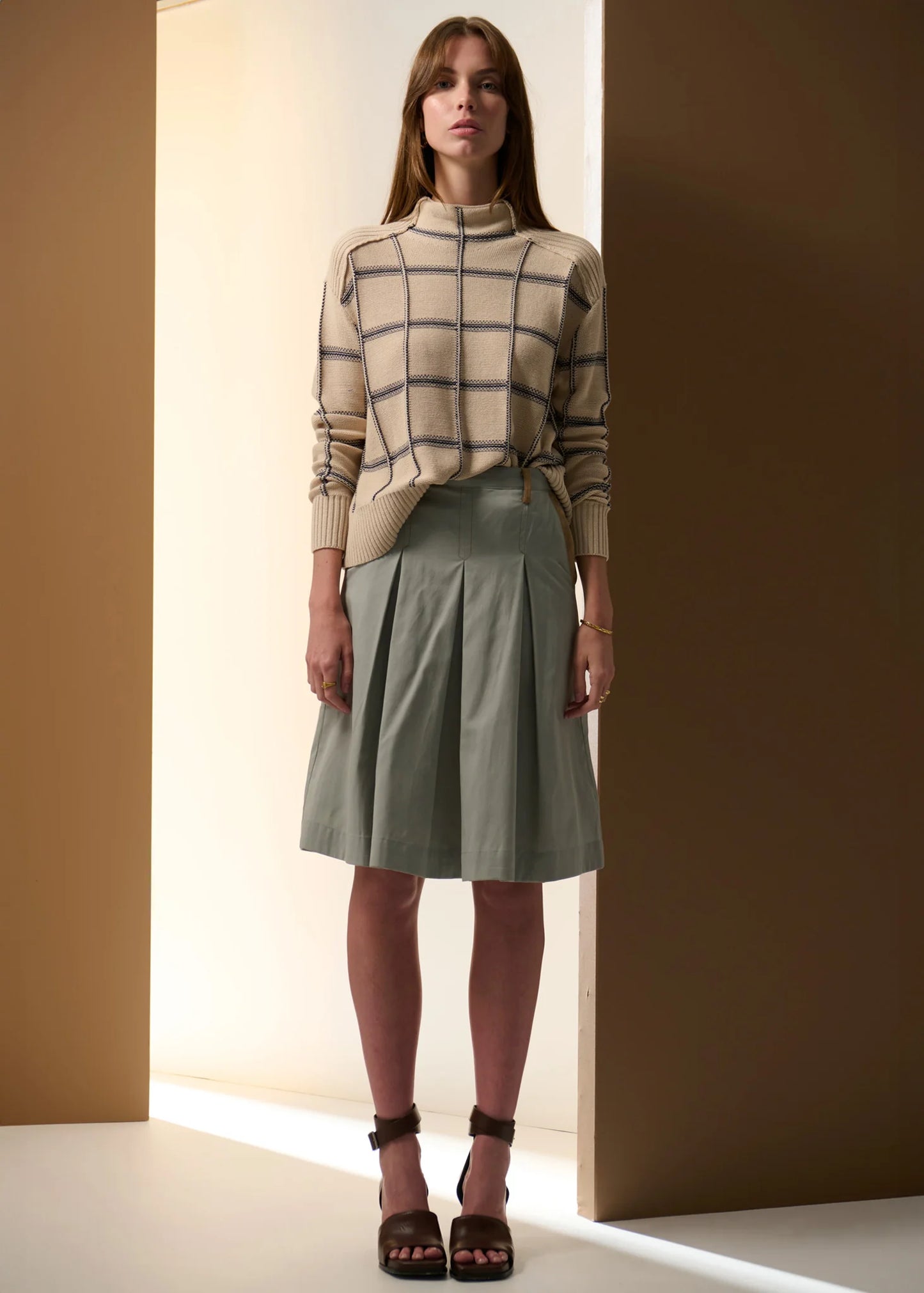 Pol Clothing - Sable Check Funnel Neck Knit - Pebble Ink