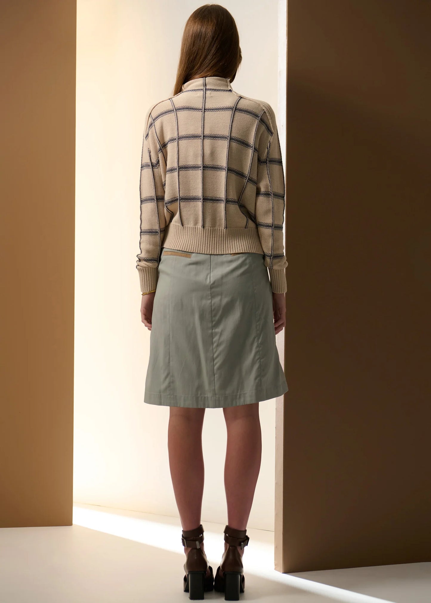 Pol Clothing - Sable Check Funnel Neck Knit - Pebble Ink