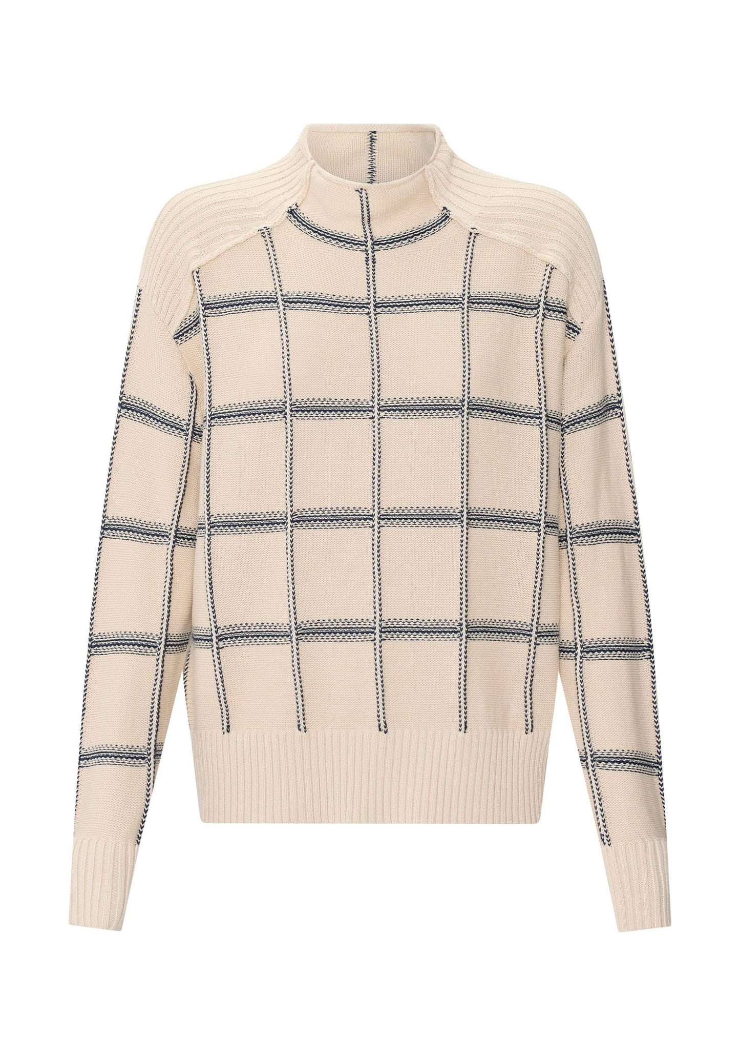 Pol Clothing - Sable Check Funnel Neck Knit - Pebble Ink