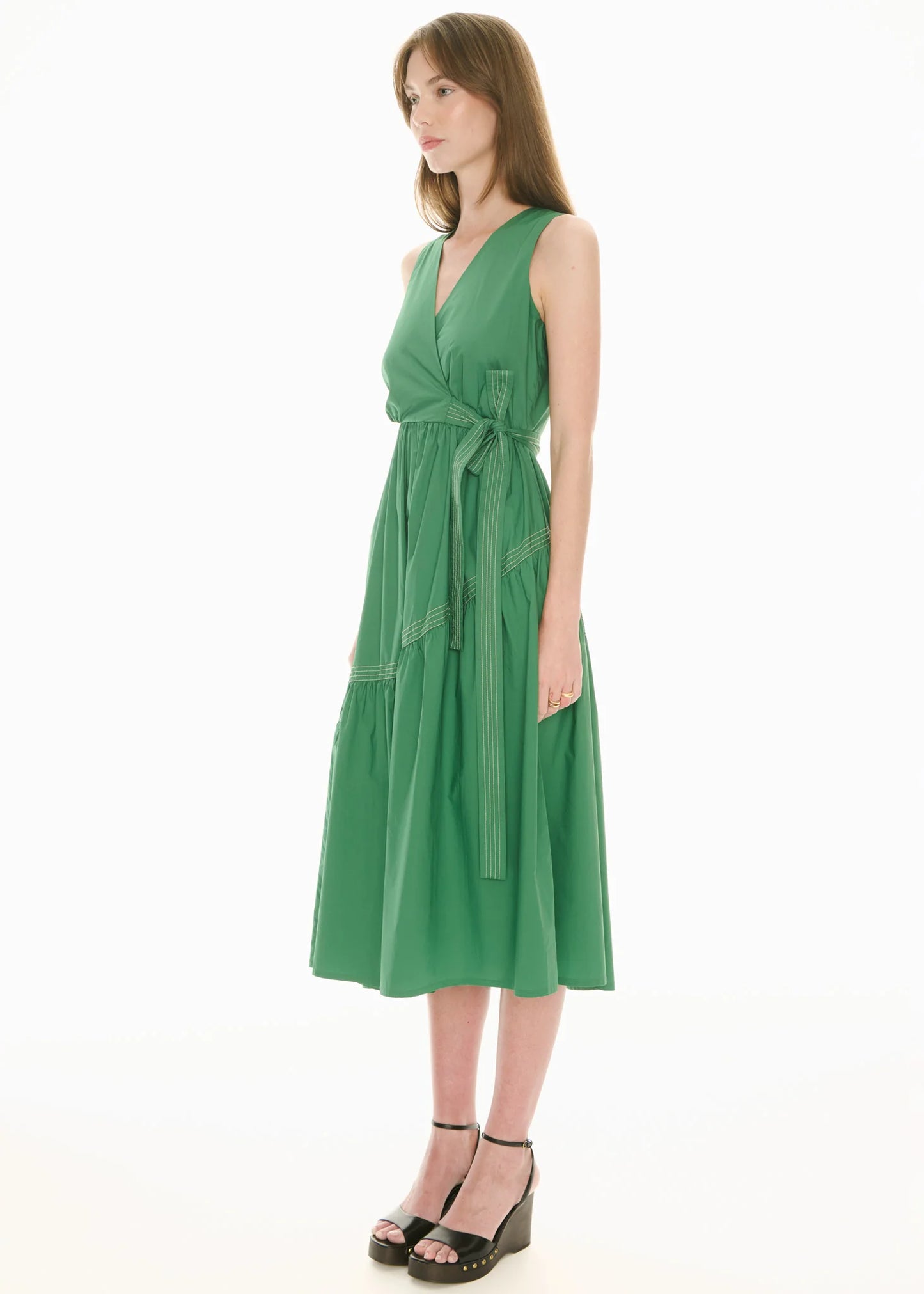 Pol Clothing - Orlo Topstitch Wrap Dress - Green Pebble