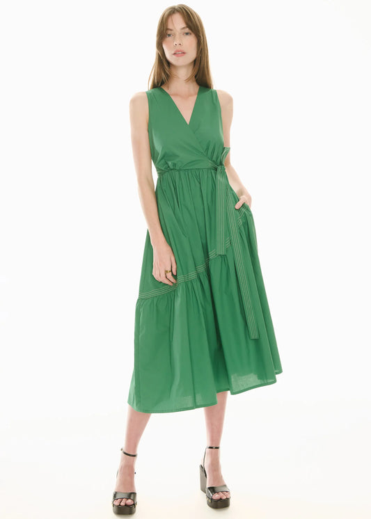 Pol Clothing - Orlo Topstitch Wrap Dress - Green Pebble