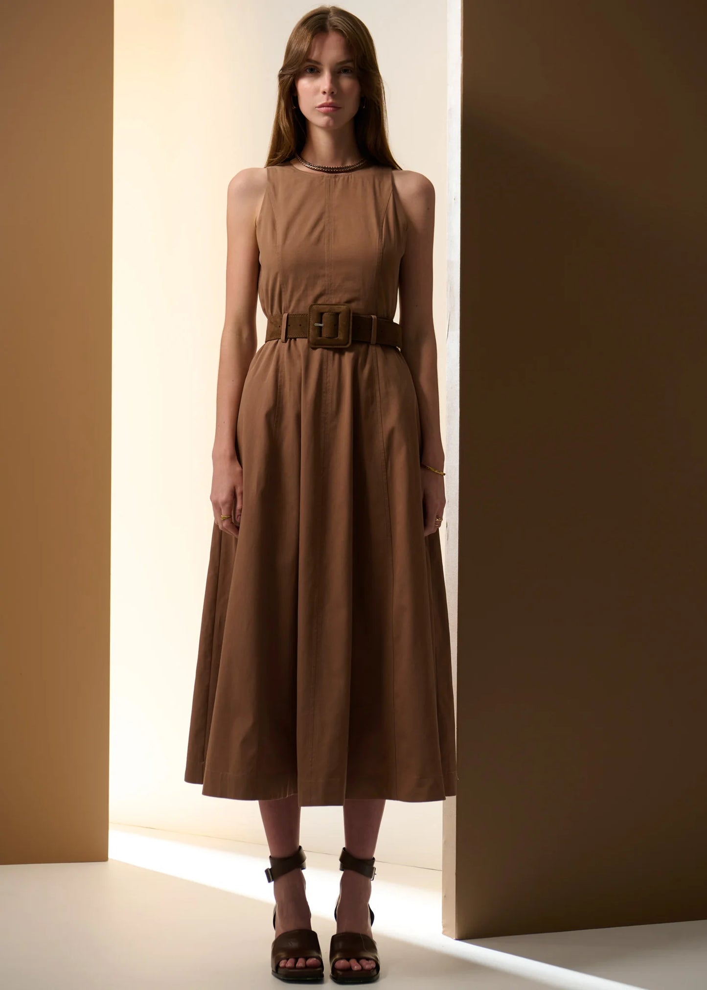 Pol Clothing - Odette Belted Dress - Chocolate