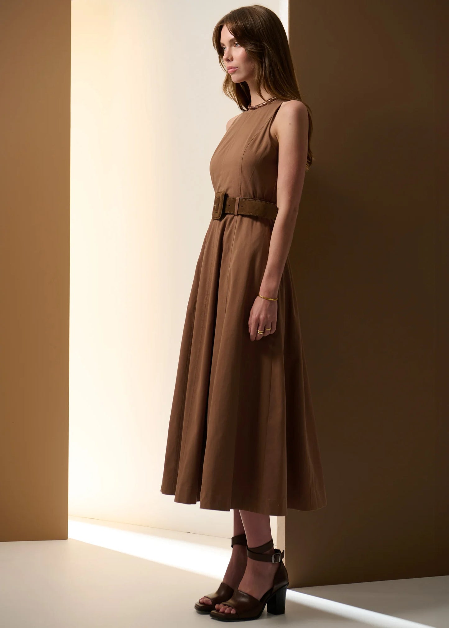 Pol Clothing - Odette Belted Dress - Chocolate