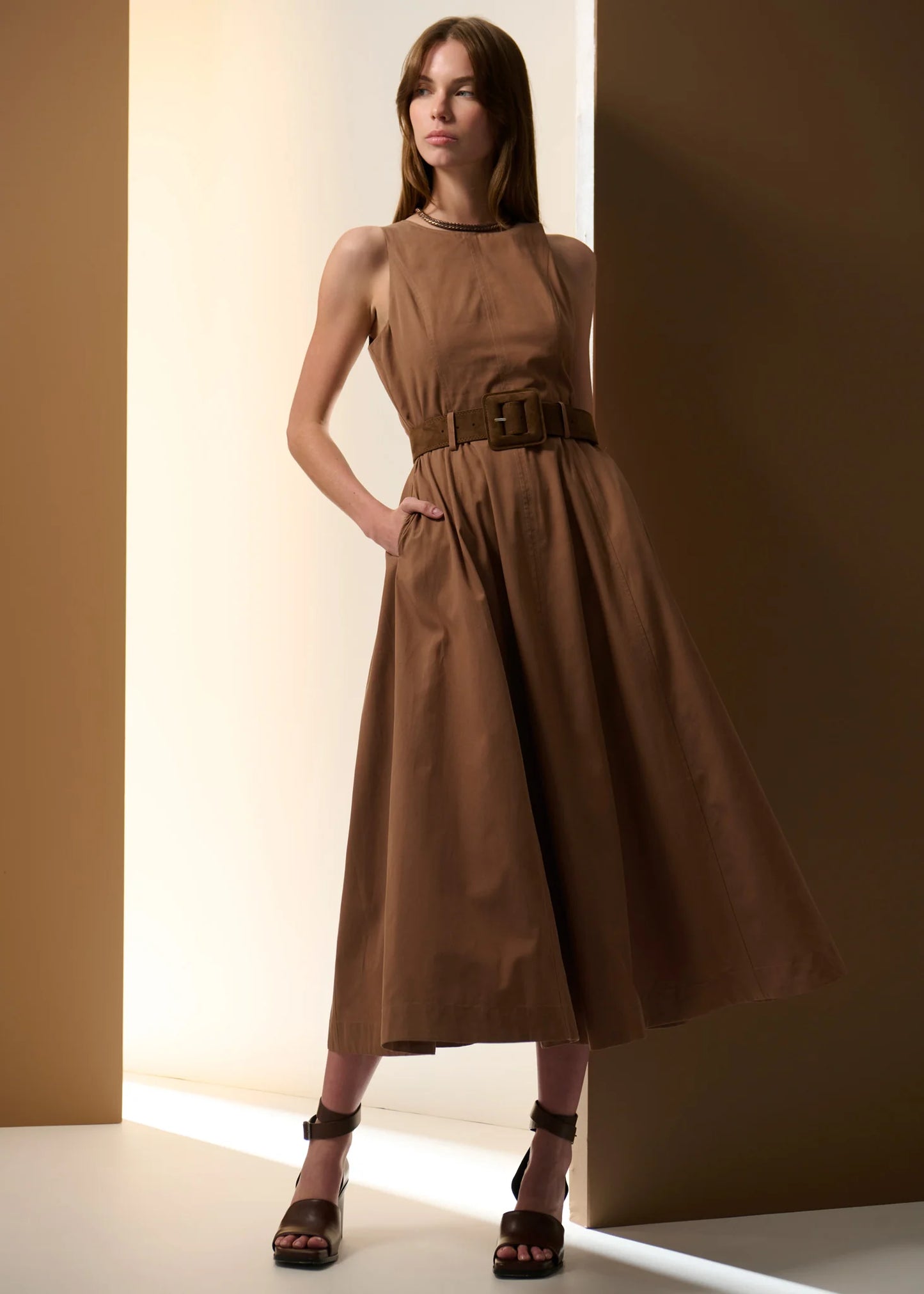 Pol Clothing - Odette Belted Dress - Chocolate