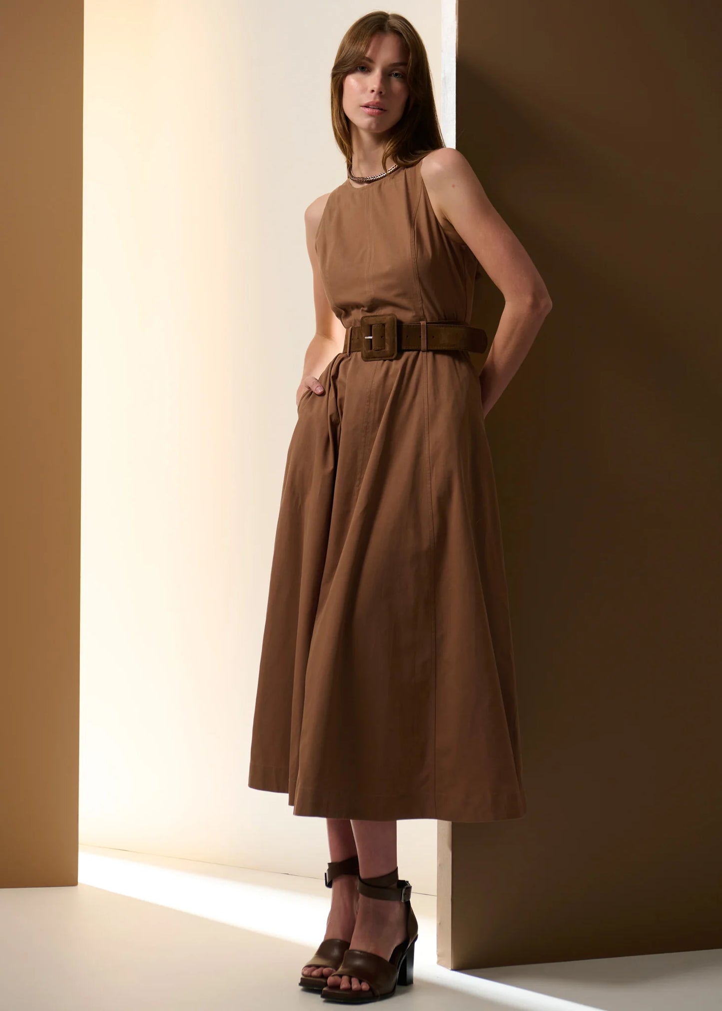 Pol Clothing - Odette Belted Dress - Chocolate