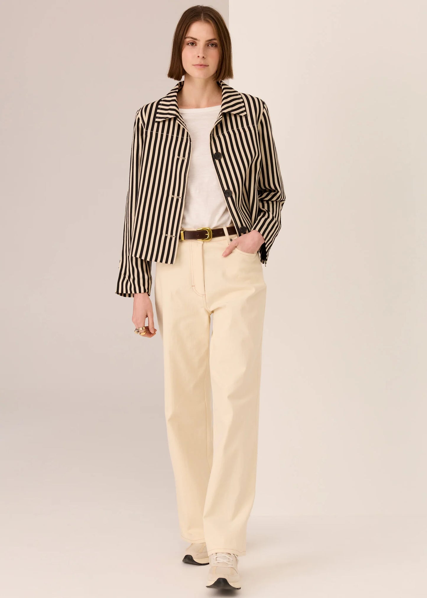 Pol Clothing - Dara Cropped Jacket - Ivory Black Stripe