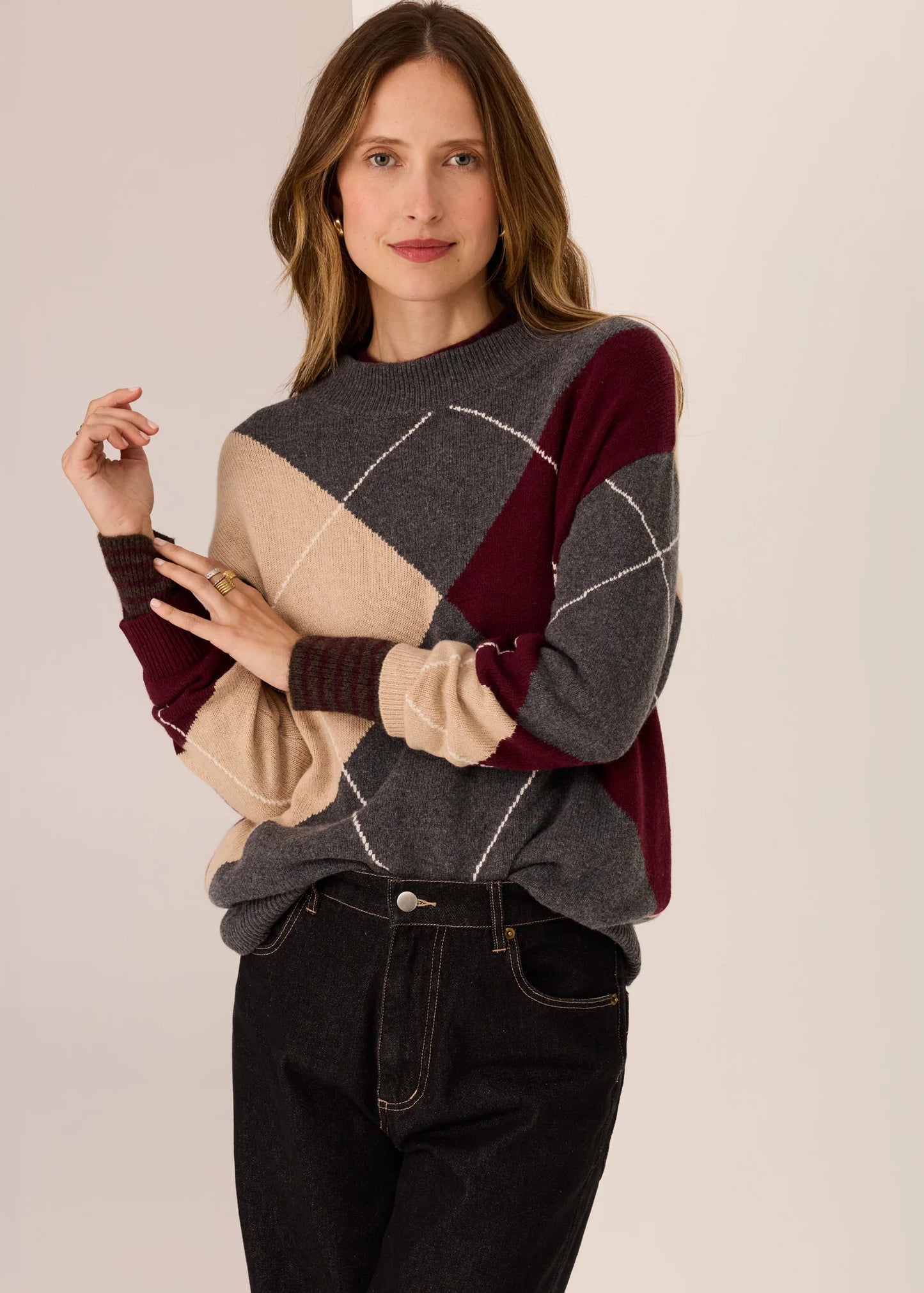 Pol Clothing - Loren Argyle Knit - Char/Merlot/Pebble