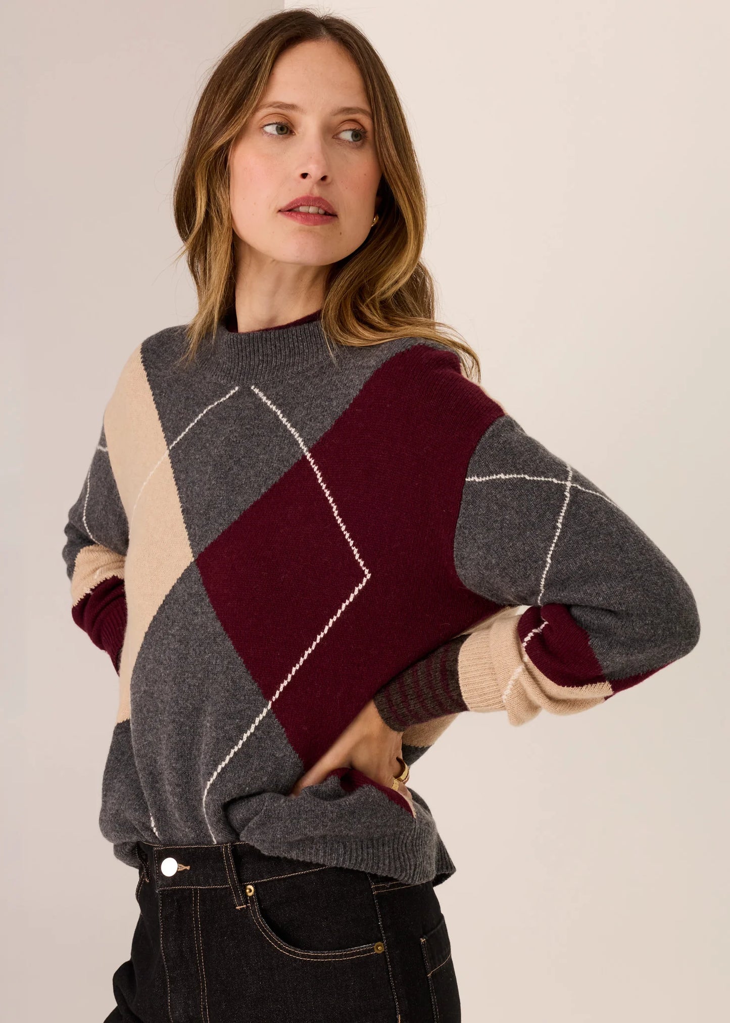 Pol Clothing - Loren Argyle Knit - Char/Merlot/Pebble