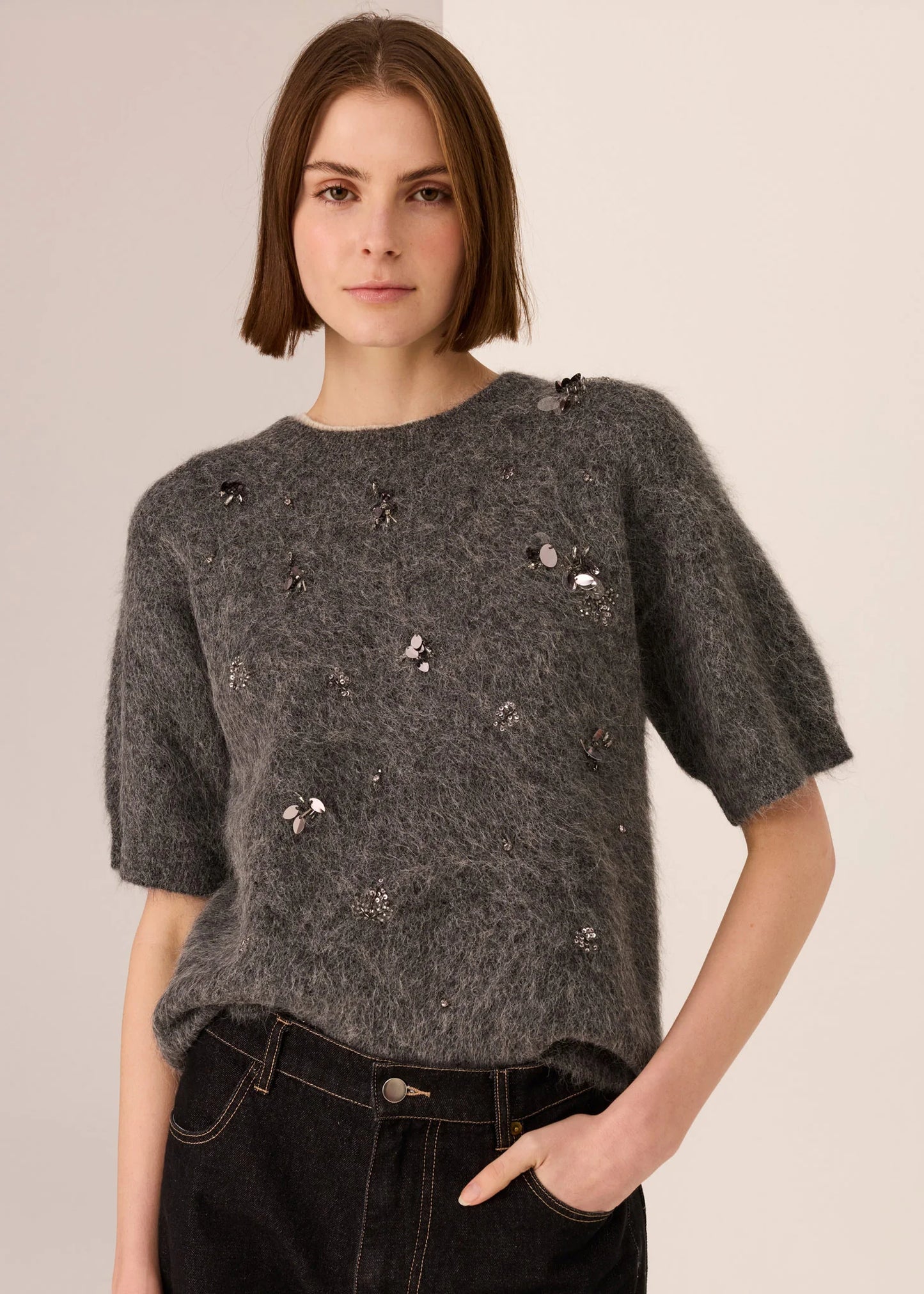 Pol Clothing - Haviland Beaded Knit Tee - Charcoal