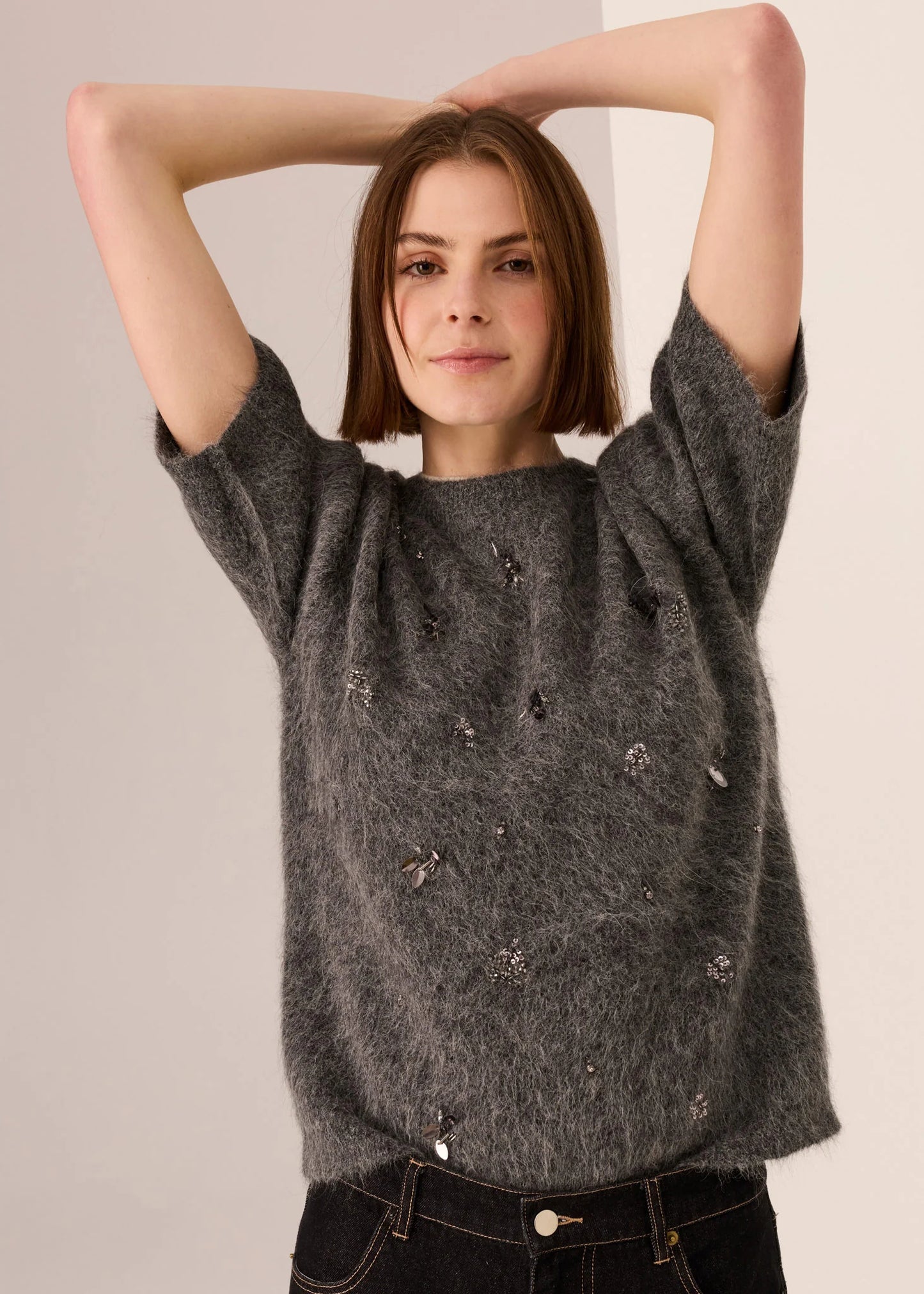 Pol Clothing - Haviland Beaded Knit Tee - Charcoal