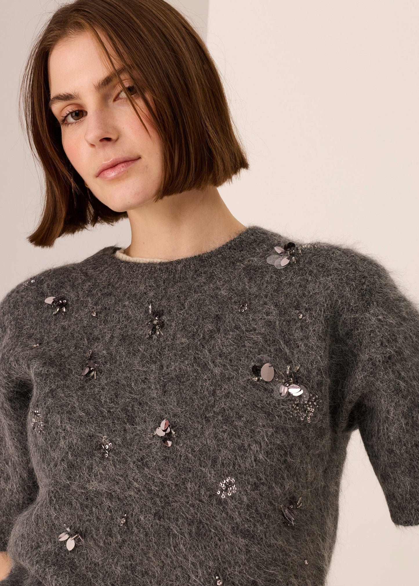 Pol Clothing - Haviland Beaded Knit Tee - Charcoal
