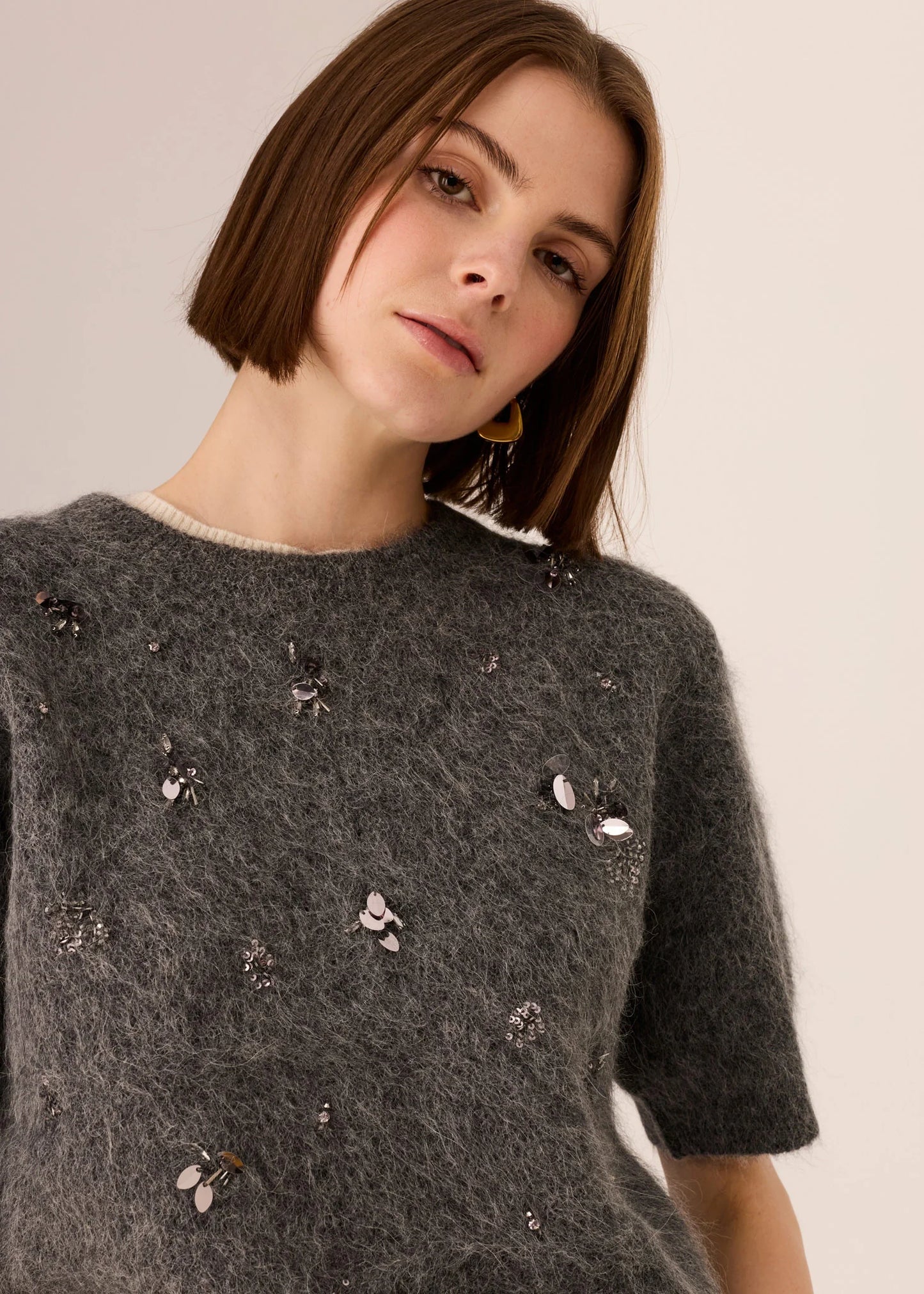 Pol Clothing - Haviland Beaded Knit Tee - Charcoal