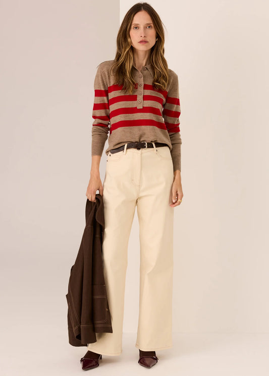 Pol Clothing - Meira Stripe Polo Knit - Cedar Red