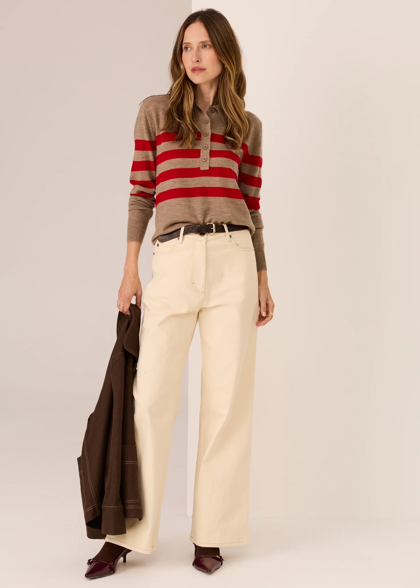 Pol Clothing - Meira Stripe Polo Knit - Cedar Red