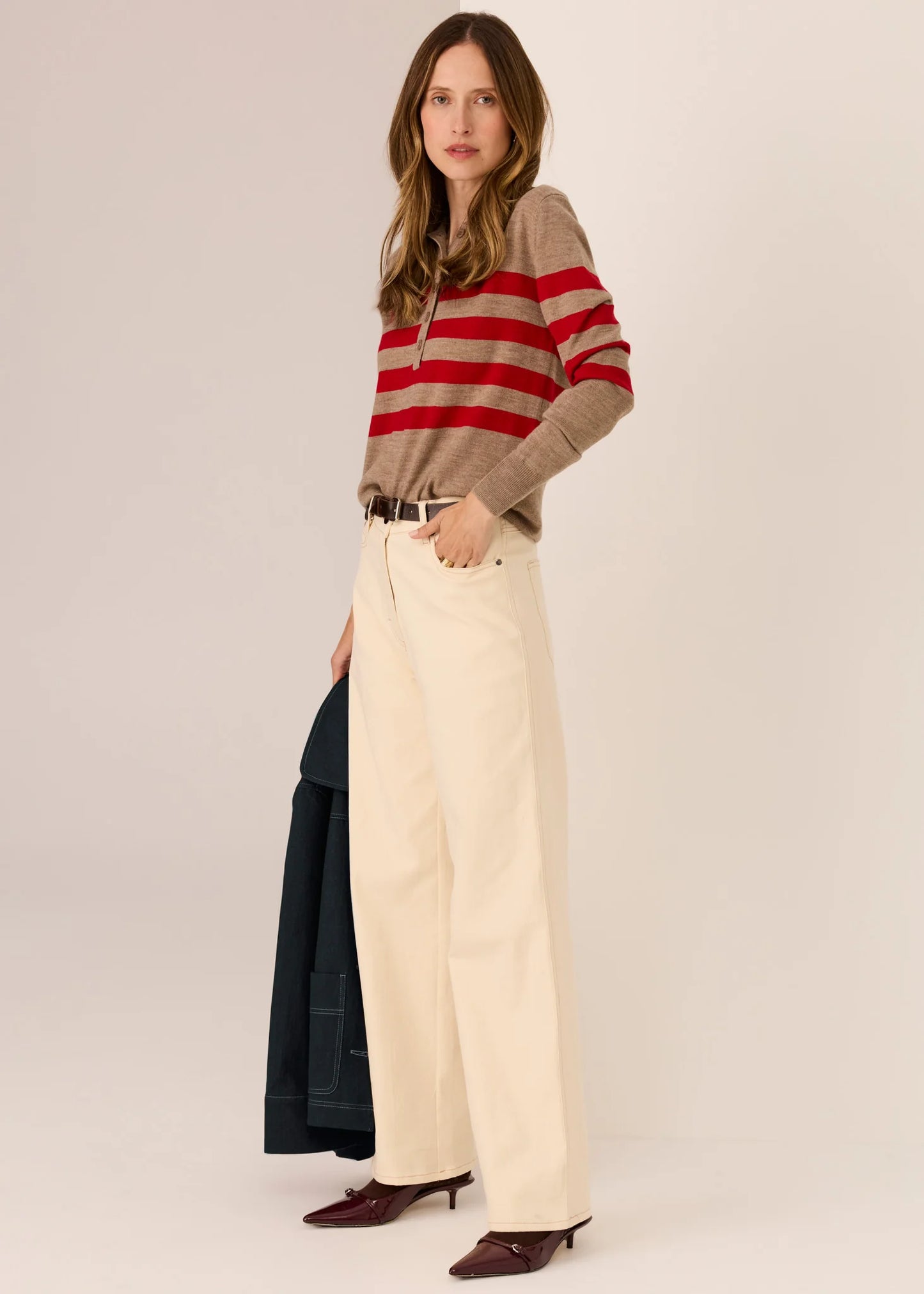 Pol Clothing - Meira Stripe Polo Knit - Cedar Red