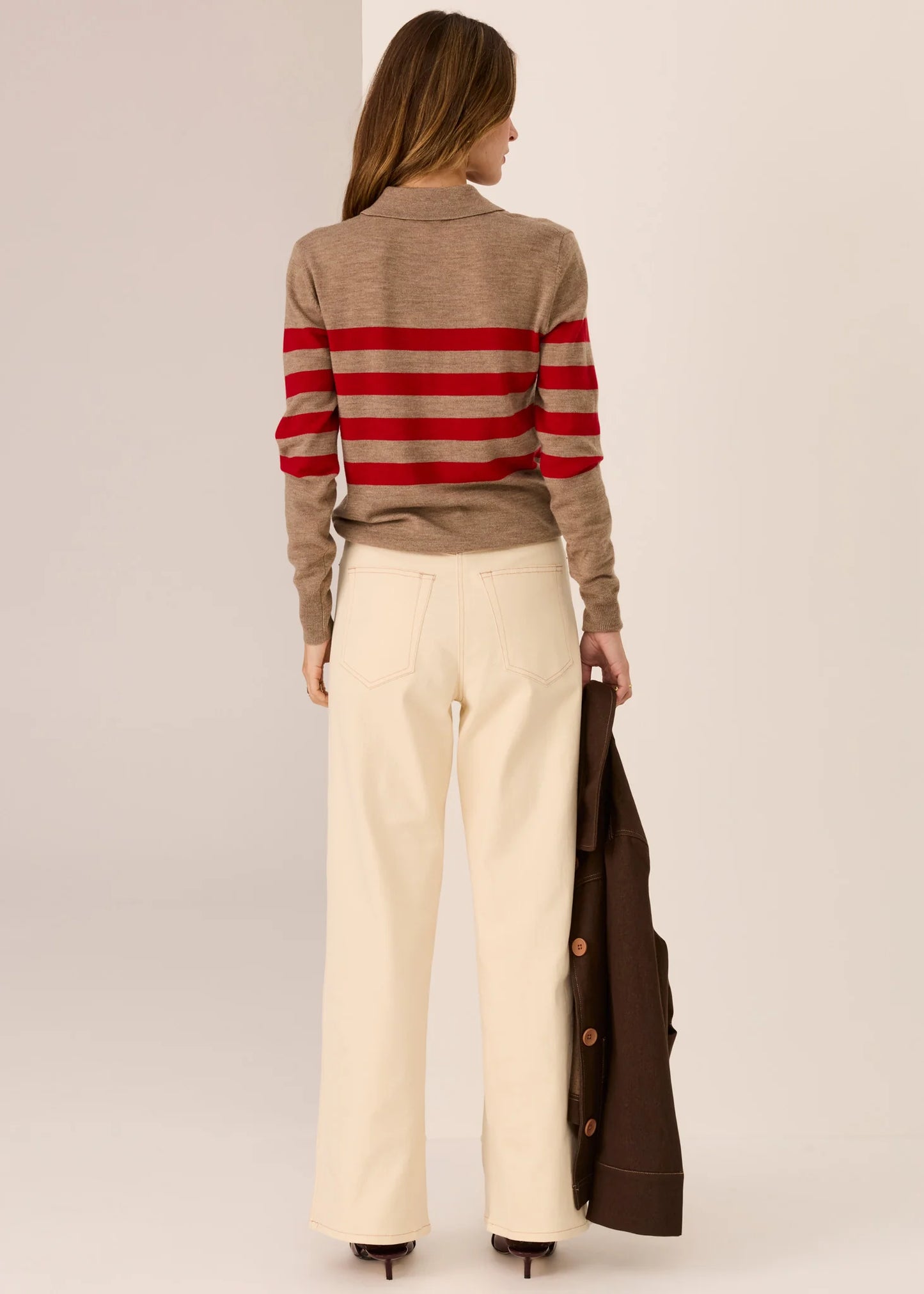 Pol Clothing - Meira Stripe Polo Knit - Cedar Red