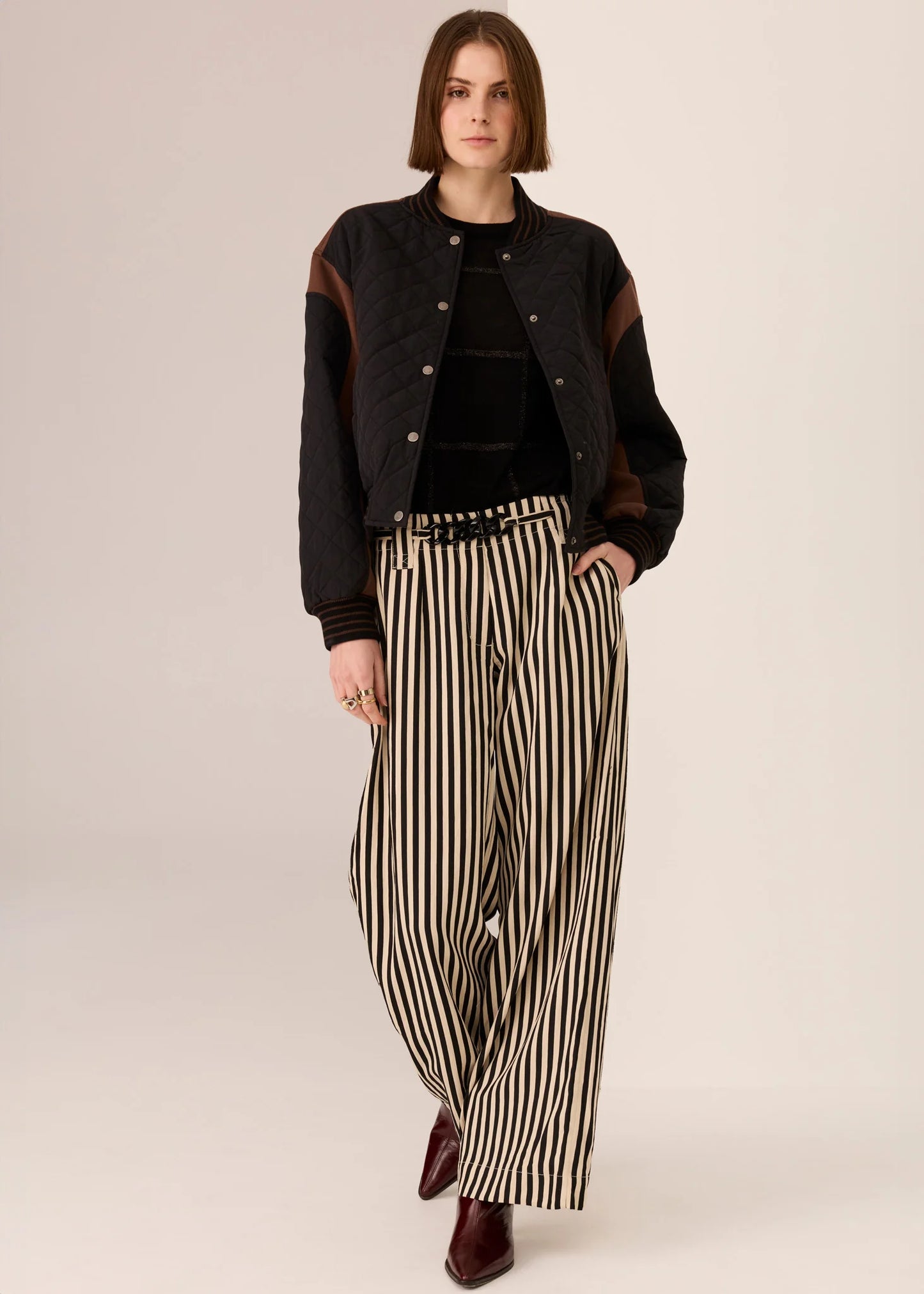 Pol Clothing - Dara Belted Pant - Ivory Black Stripe