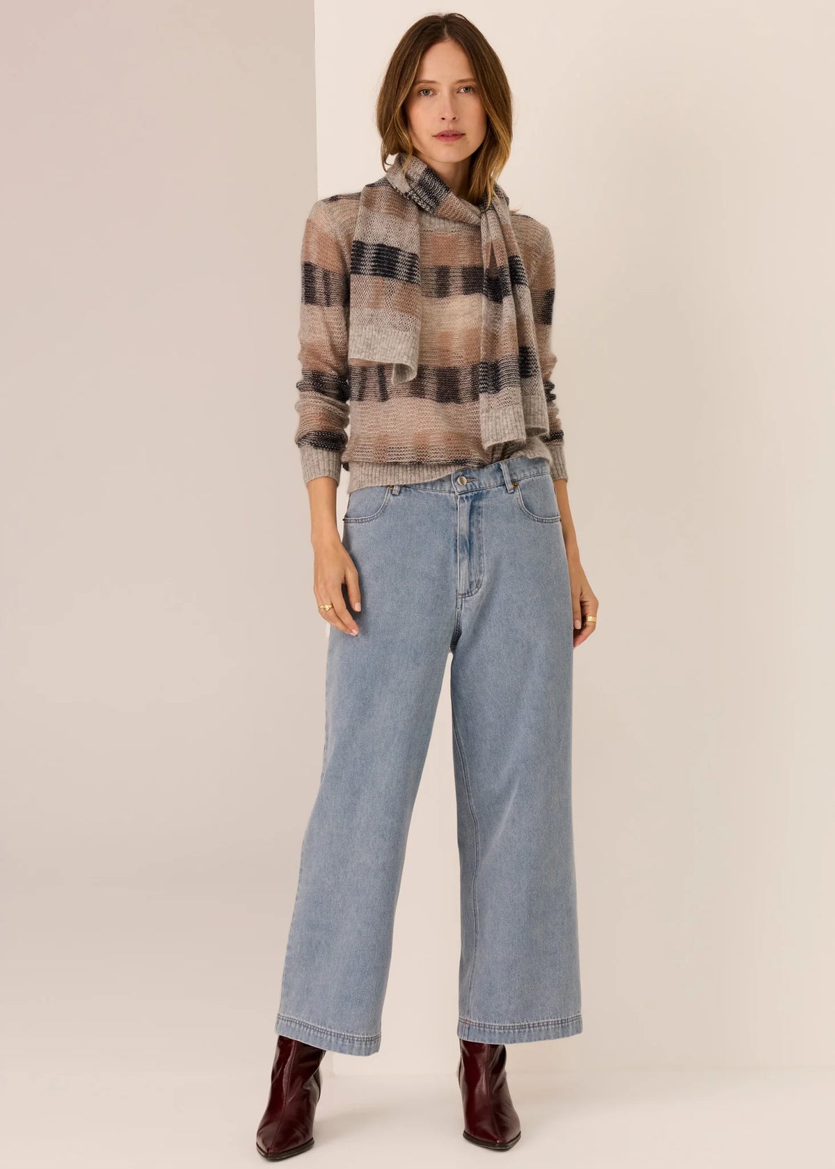 30% OFF - Pol Clothing - Ciara Stripe Knit - Silver Ink Camel