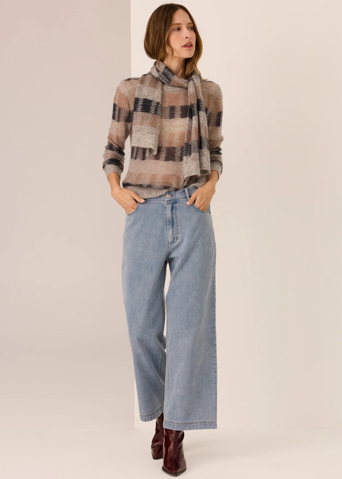 30% OFF - Pol Clothing - Ciara Stripe Knit - Silver Ink Camel
