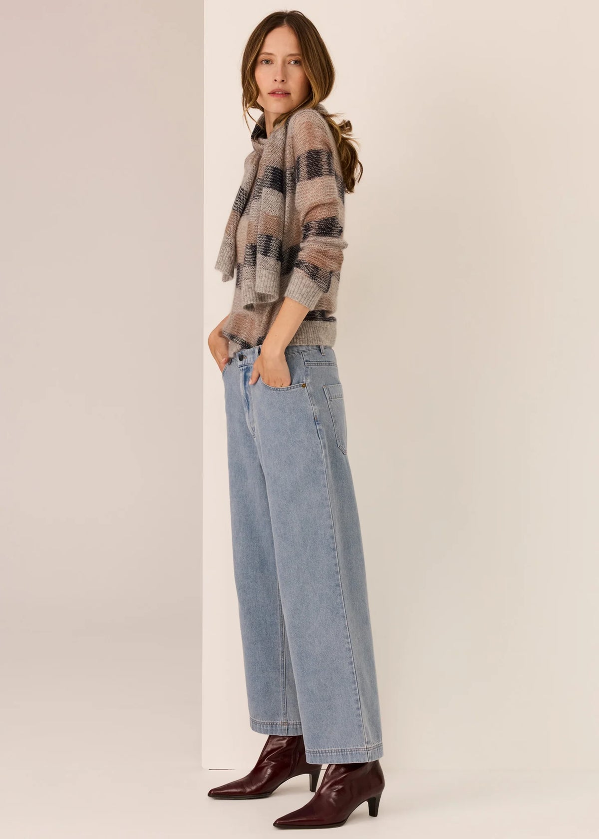 30% OFF - Pol Clothing - Ciara Stripe Knit - Silver Ink Camel