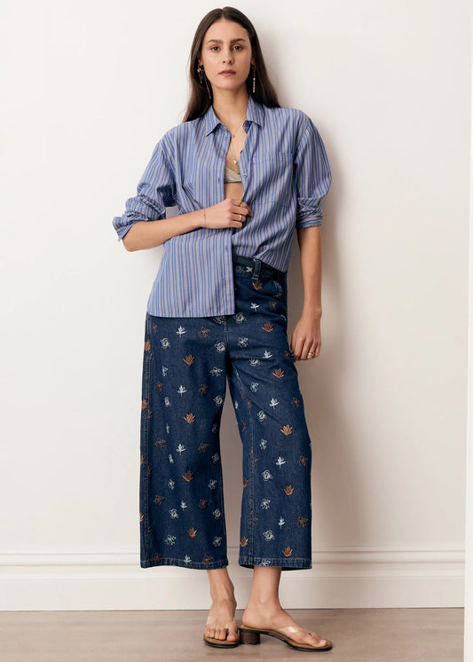 Pol Clothing - Gilt Embroidered Denim Pant - Denim Copper