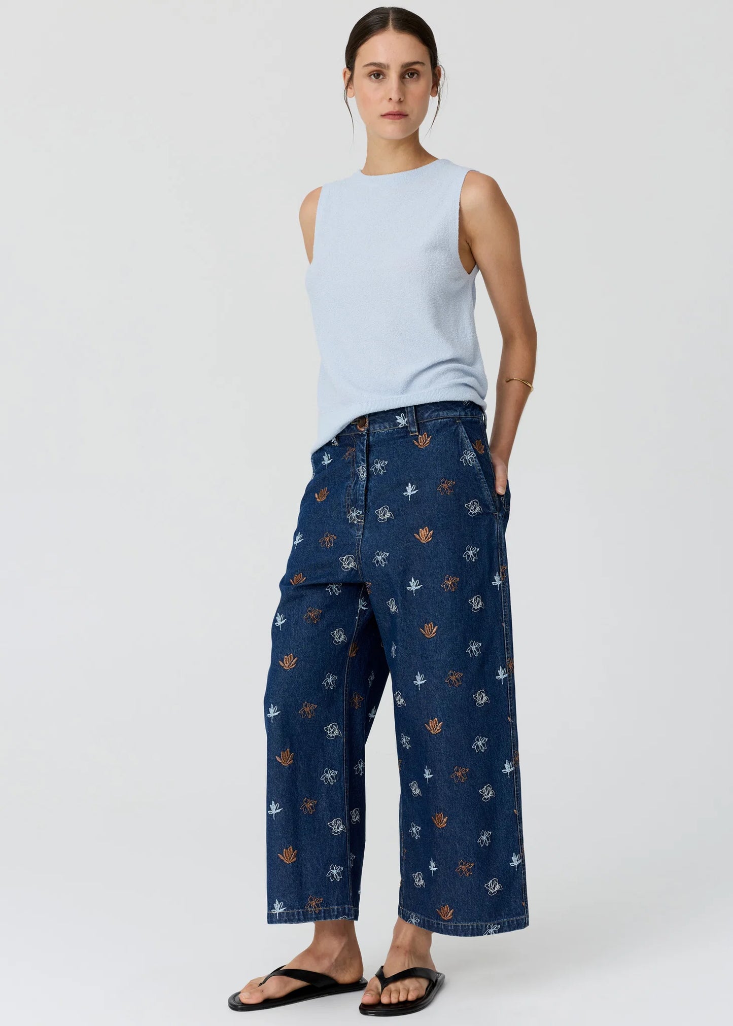 Pol Clothing - Gilt Embroidered Denim Pant - Denim Copper