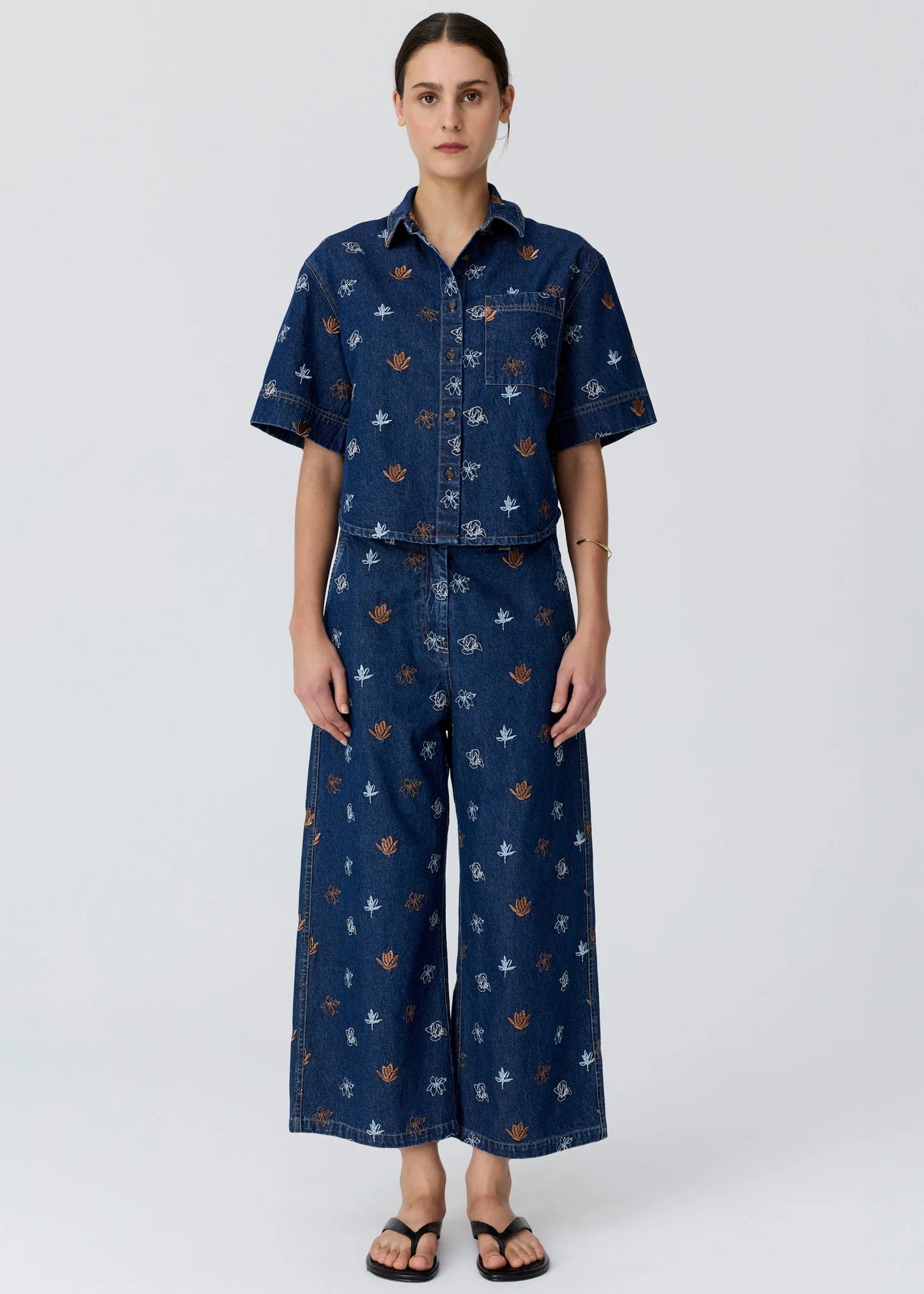 Pol Clothing - Gilt Embroidered Denim Shirt - Denim Copper