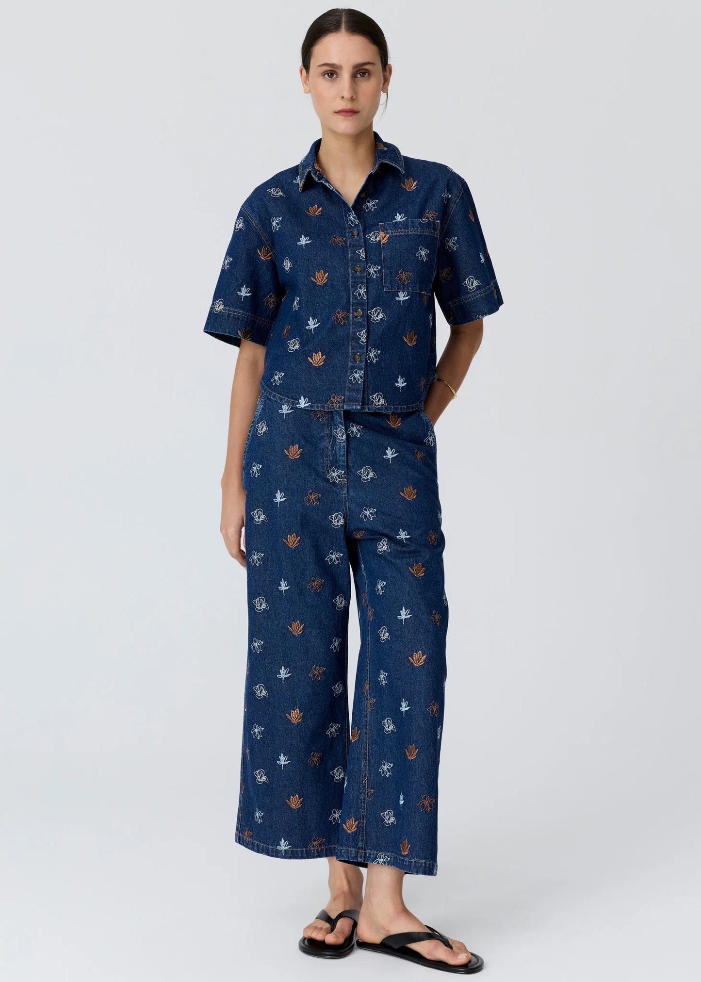 Pol Clothing - Gilt Embroidered Denim Shirt - Denim Copper
