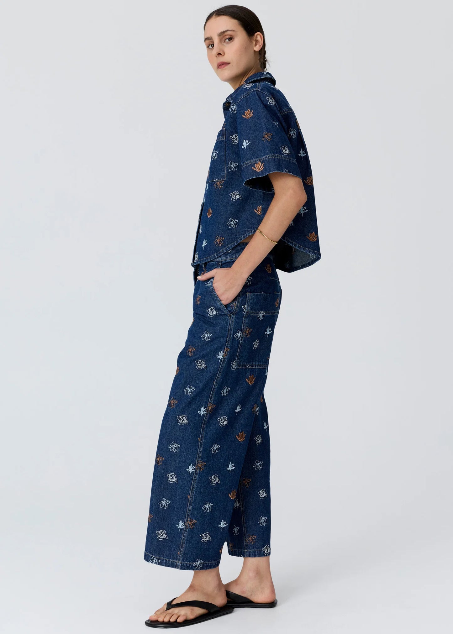 Pol Clothing - Gilt Embroidered Denim Shirt - Denim Copper