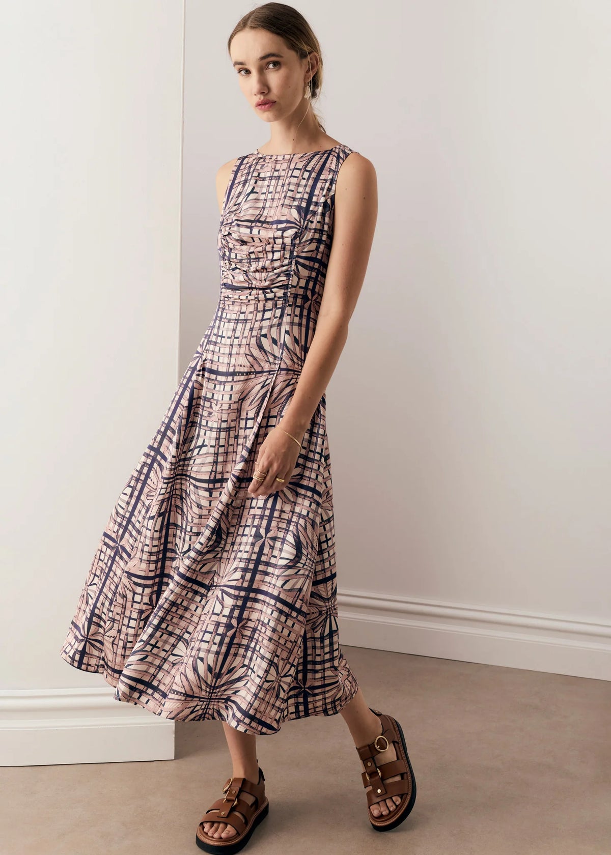 Pol Clothing- Lattice Gathered Dress - Pink Check