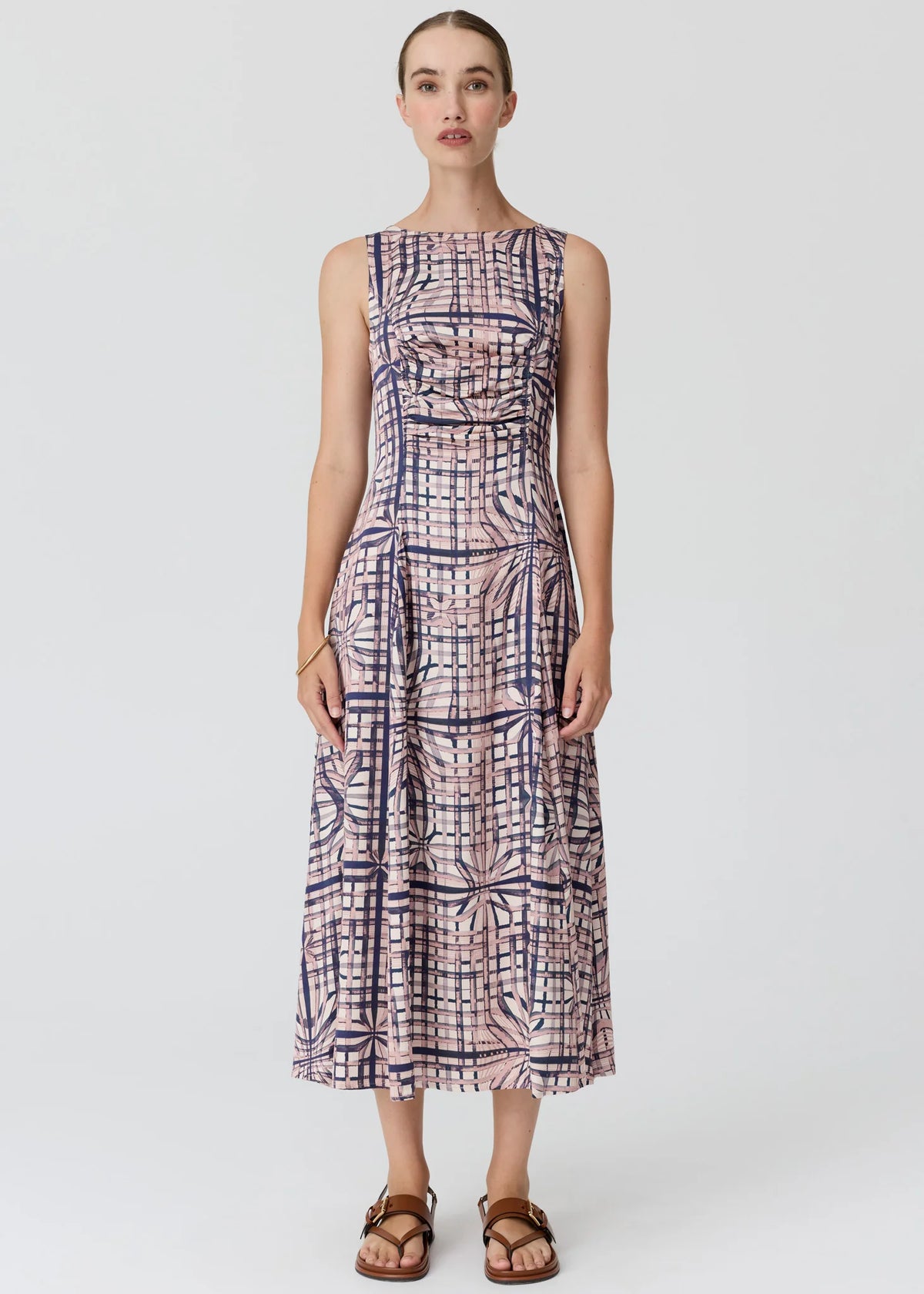Pol Clothing- Lattice Gathered Dress - Pink Check