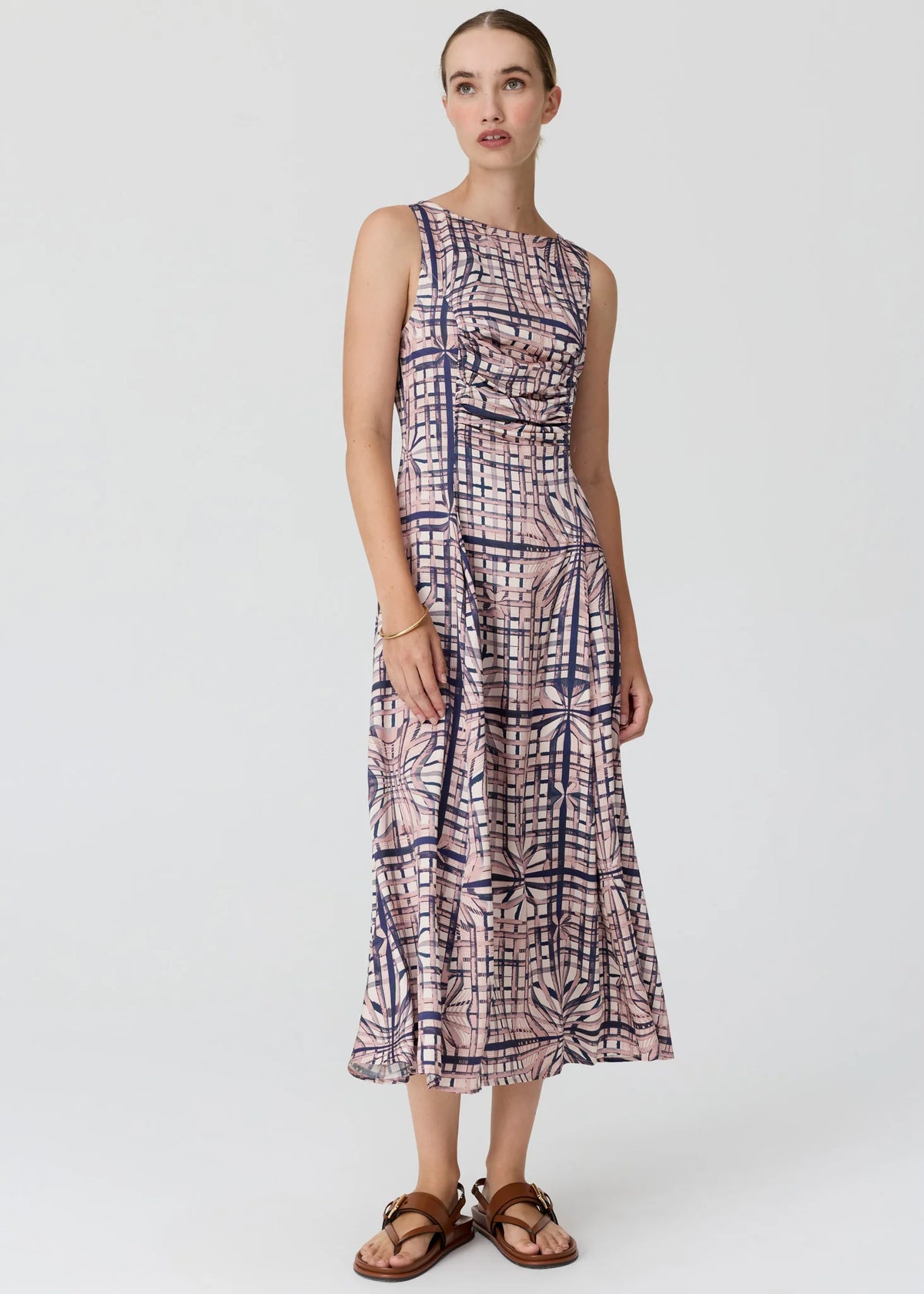 Pol Clothing- Lattice Gathered Dress - Pink Check