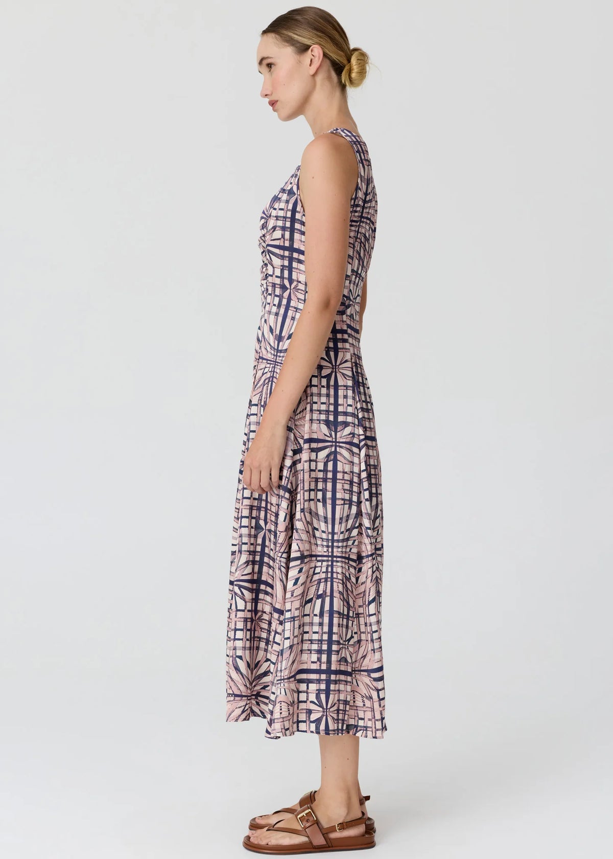 Pol Clothing- Lattice Gathered Dress - Pink Check
