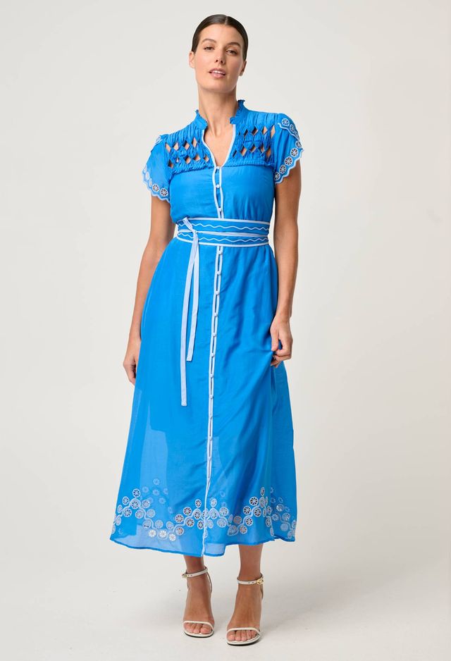 Once Was - Xanthia Diamond Smock Yoke Cotton Silk Dress - Blue Topaz