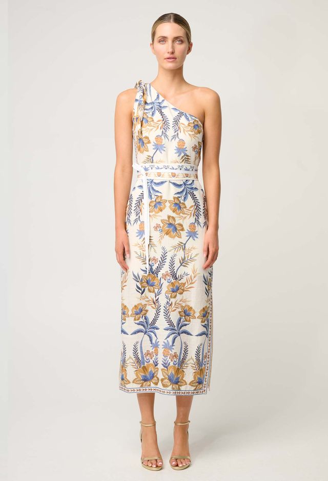 Once Was - Amira One Shoulder Tie Linen Dress - Golden Medina