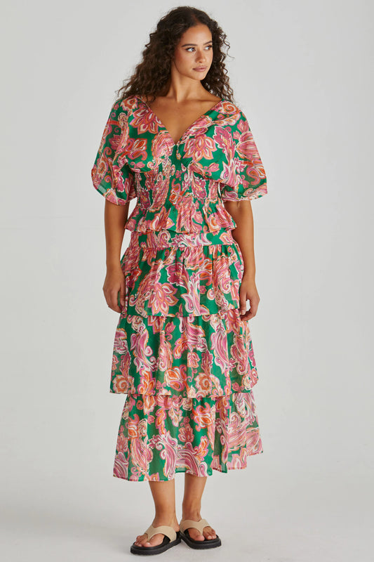 Sass Clothing - Malia Frill Layer Skirt - Pink Green Paisley