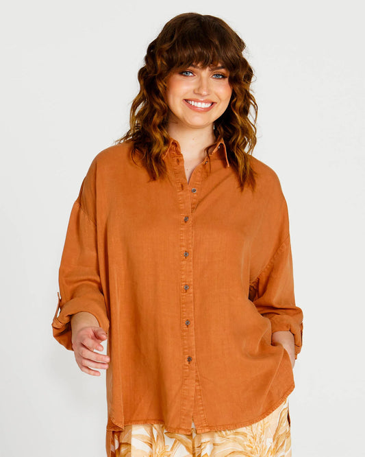 Zahlia Oversized Button-Up Lyocell Shirt - Sandy Tan
