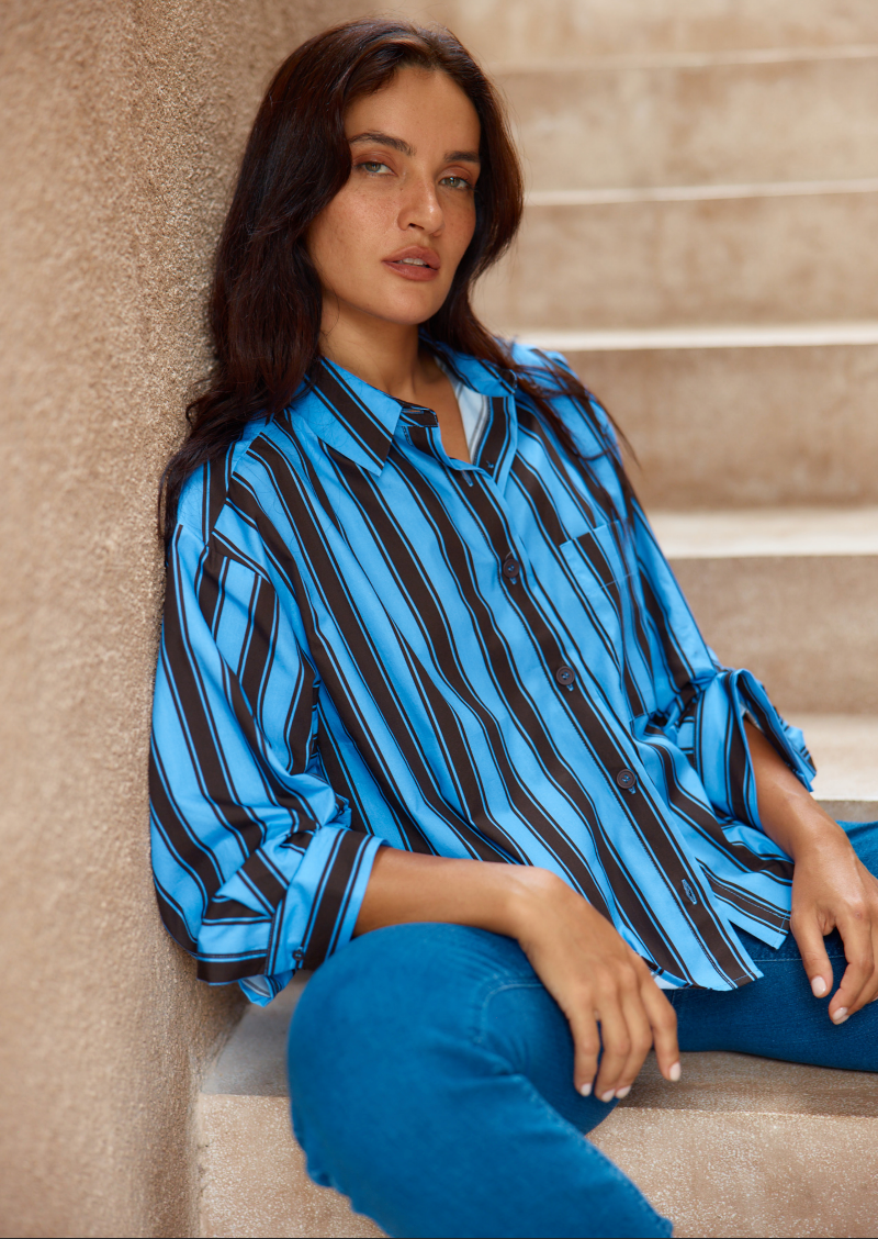 Betty Basics - Erin Crop Shirt - Chocolate/Cornflower Stripe