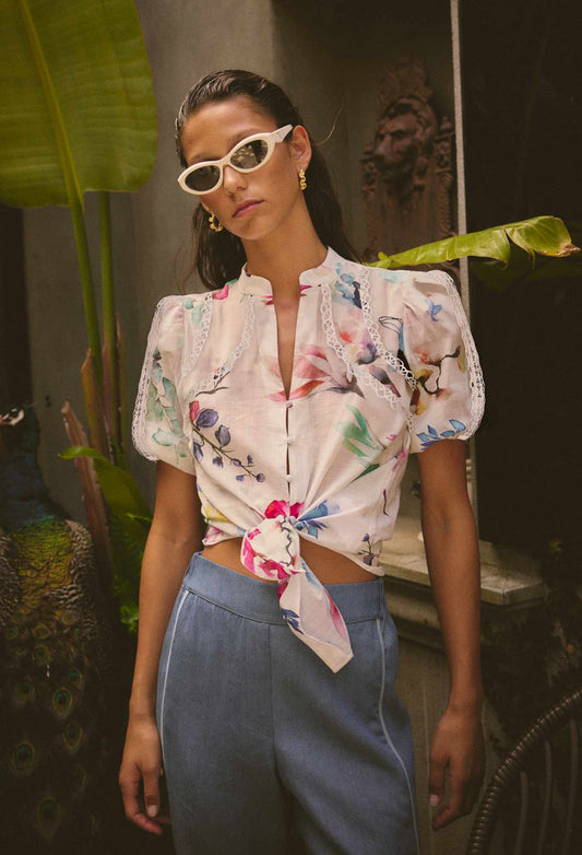 Once Was - Thalia Lace Cotton Slub Shirt - Plume Blossom
