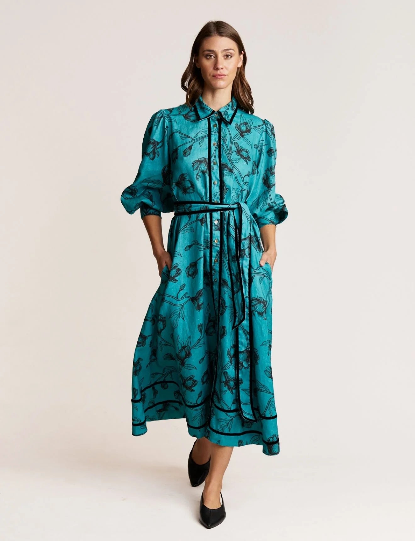 State of Embrace - Velvet Trim Dress - Teal