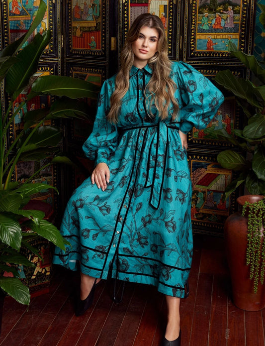 State of Embrace - Velvet Trim Dress - Teal