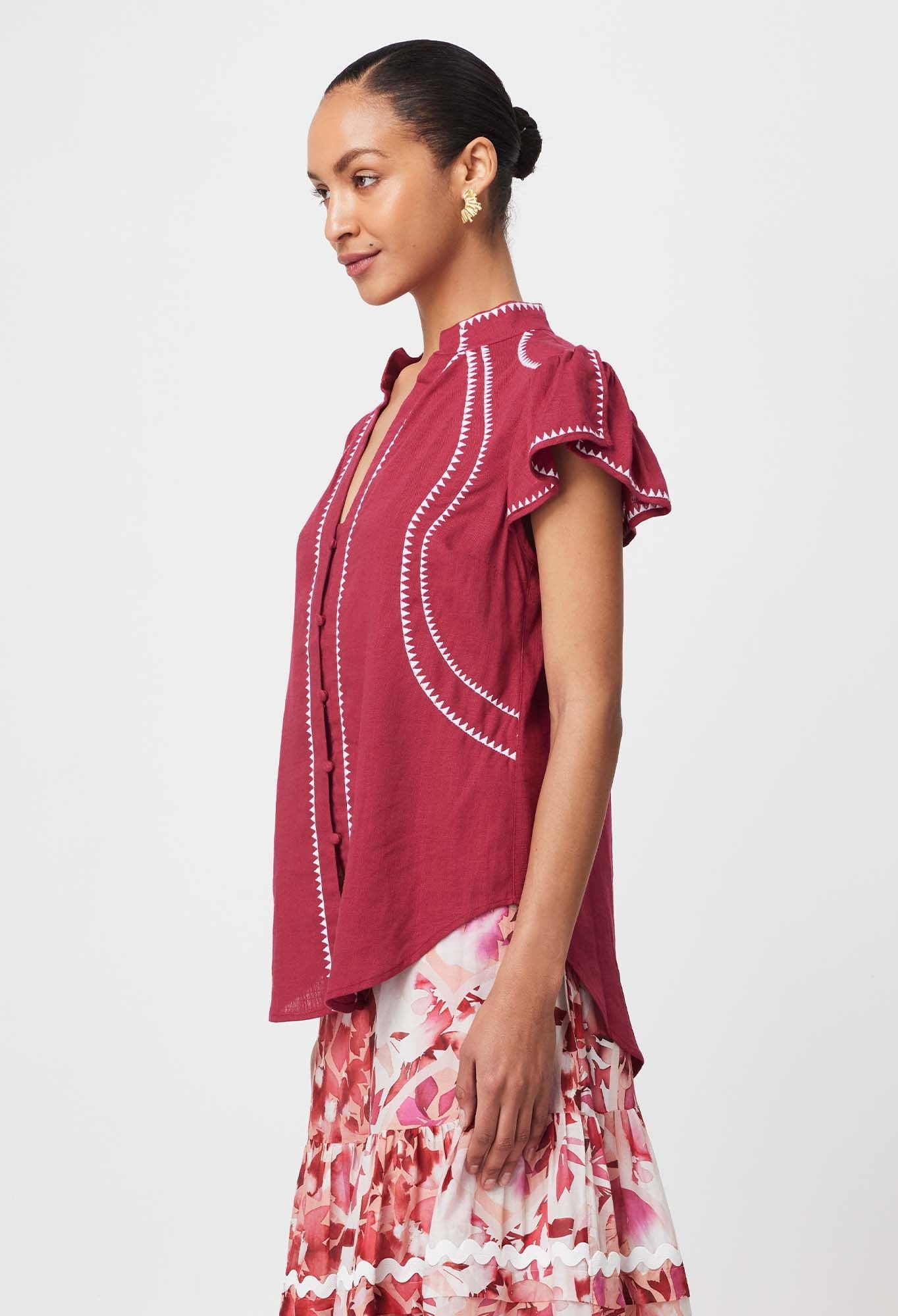 Once Was - Carlyle Embroidered Linen Viscose Top - Crimson