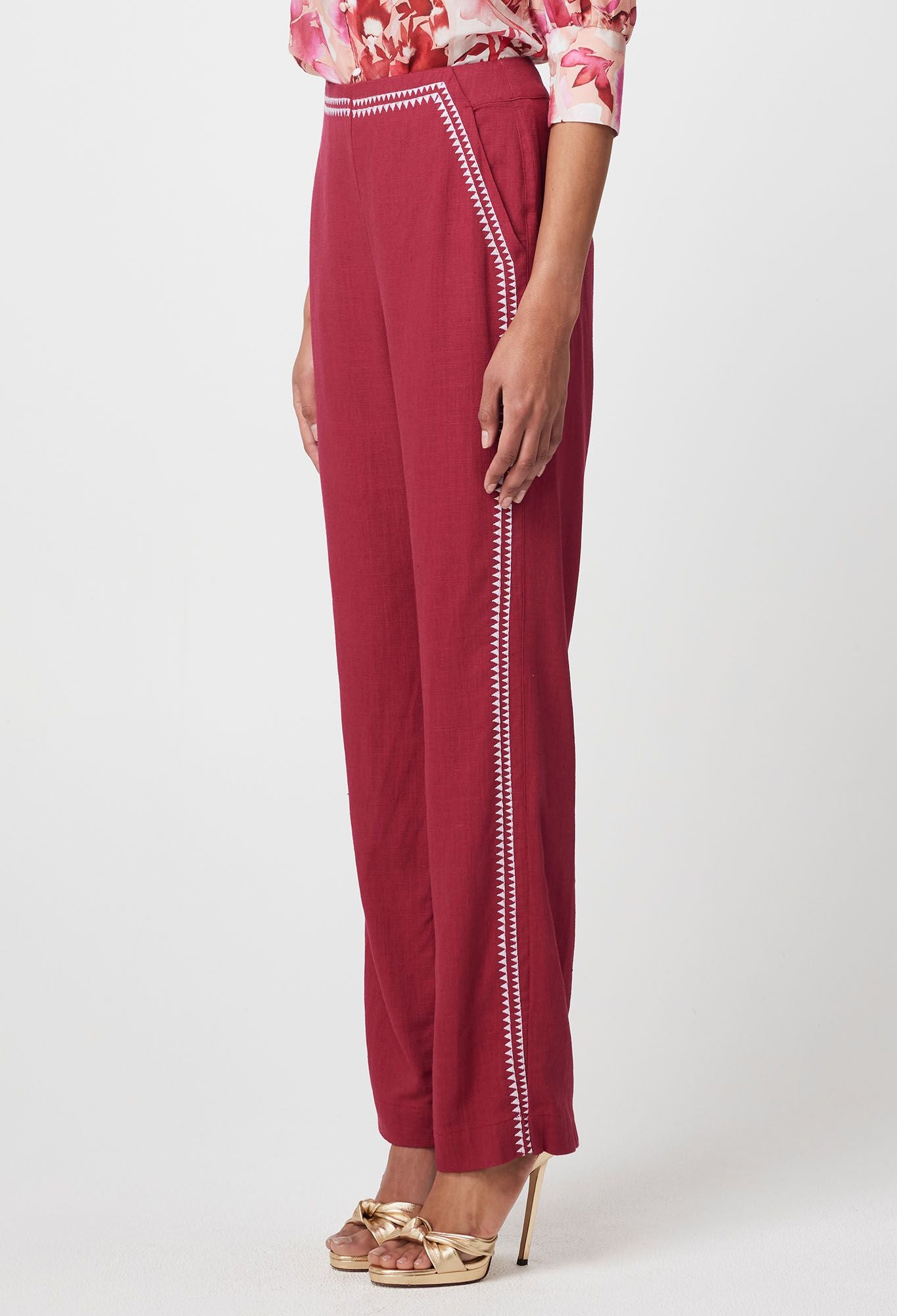 Once Was - Carlyle Embroidered Linen Viscose Pant - Crimson